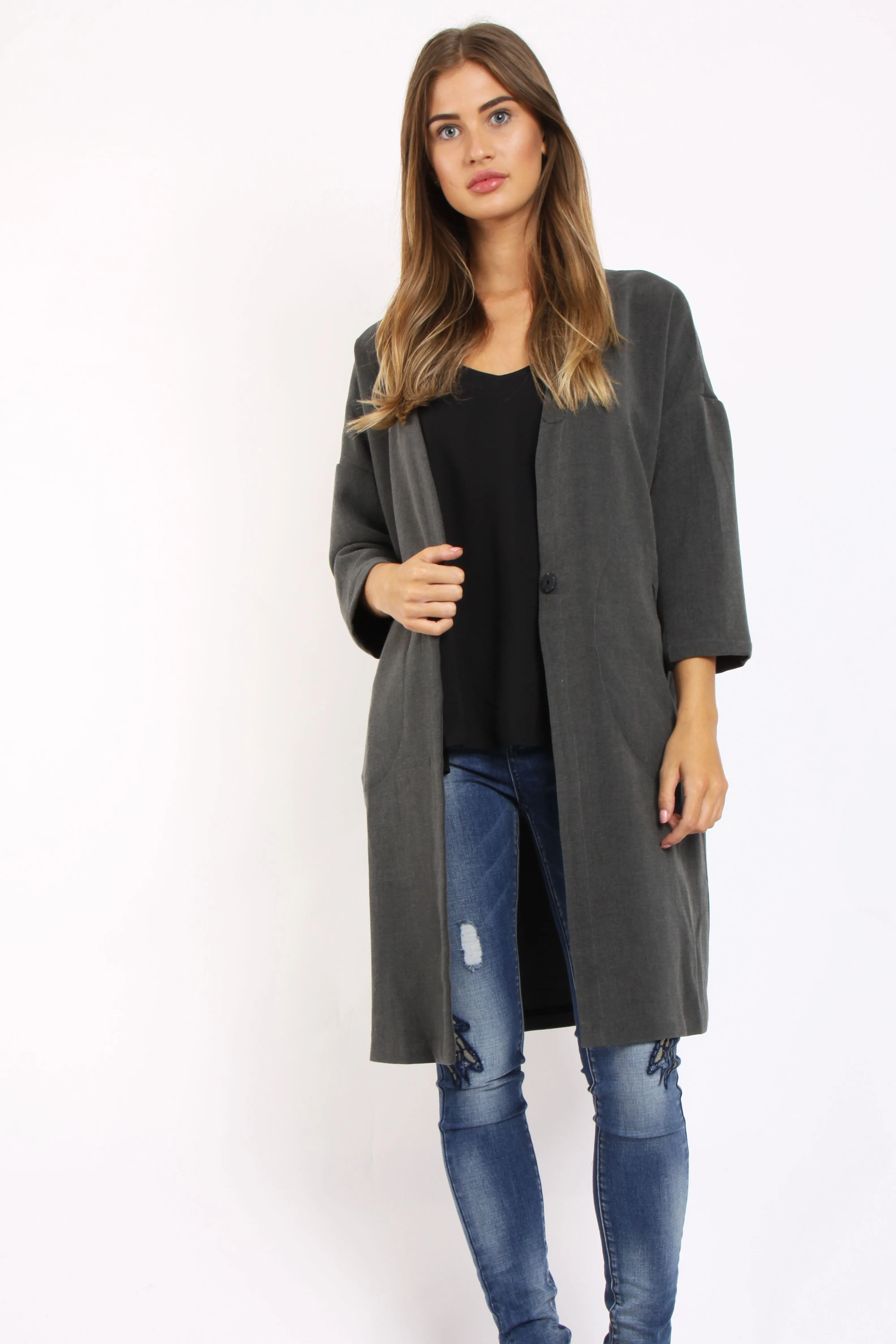 3/4 length Sleeve Longline Blazer Jacket