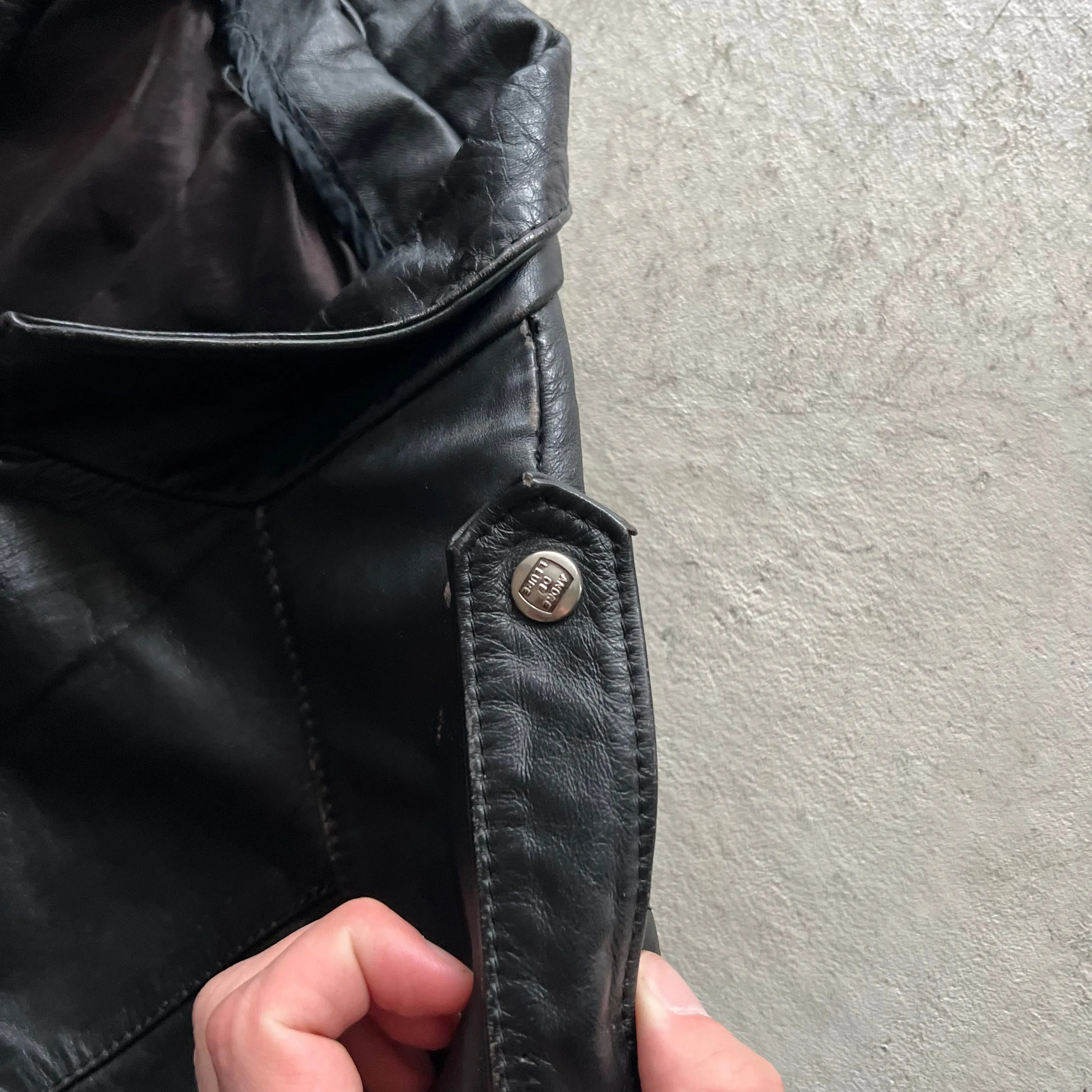 80s Belted Black Leather Biker Jacket- M