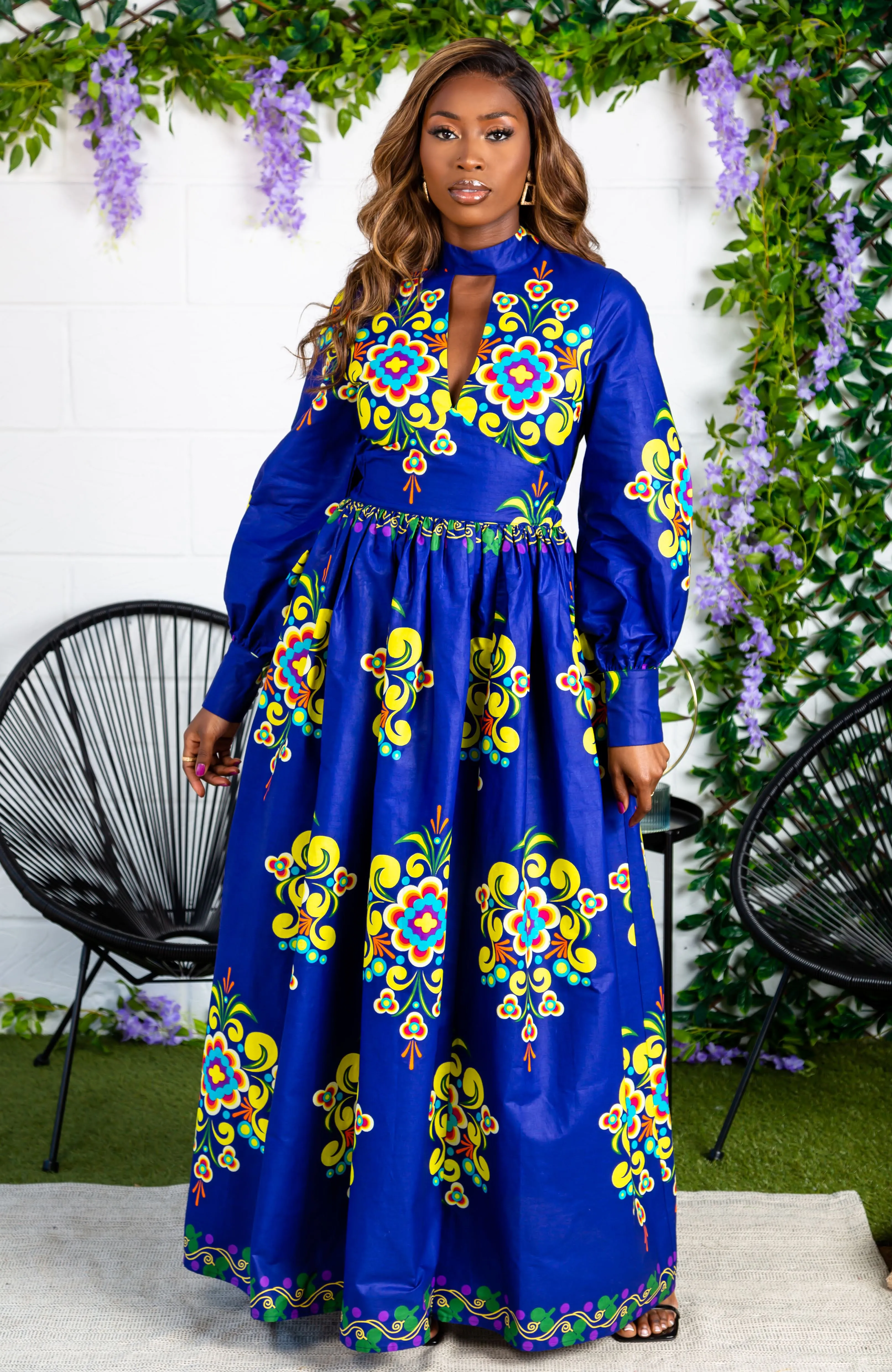 African Print High Neck Deep V Long-Sleeved Maxi Dress - FRANCA