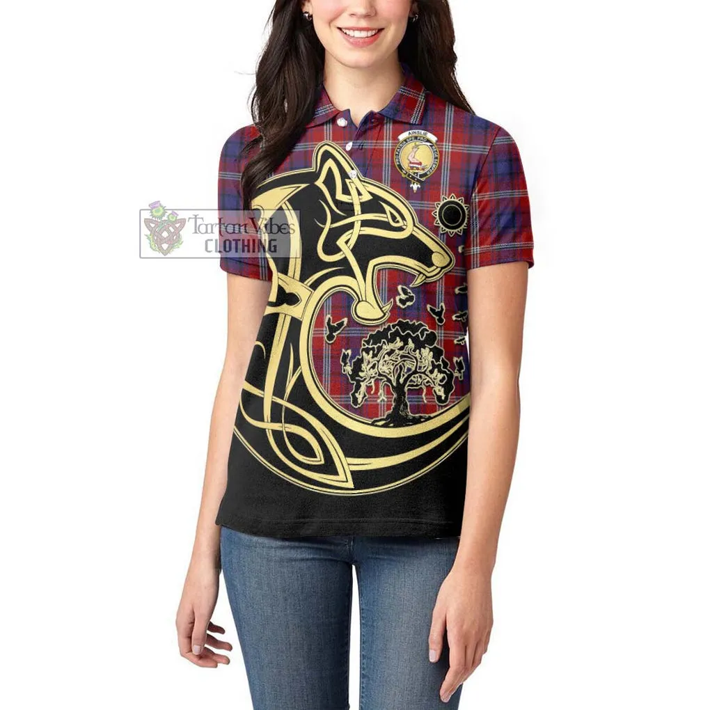 Ainslie Tartan Women's Polo Shirt with Family Crest Celtic Wolf Style