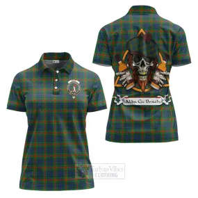 Aiton Tartan Women's Polo Shirt with Family Crest and Bearded Skull Holding Bottles of Whiskey