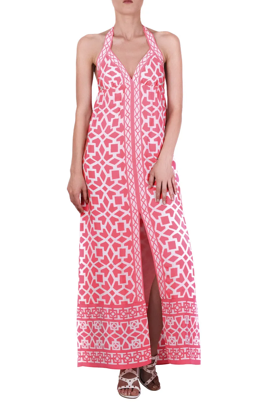 ALICE & TRIXIE PETRA Neon Pink Halterneck Maxi Silk Dress