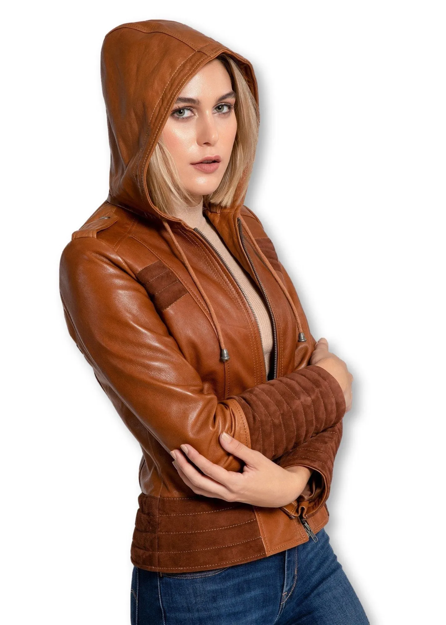 Arya Brown Suede Leather Womens Hooded Leather Jacket