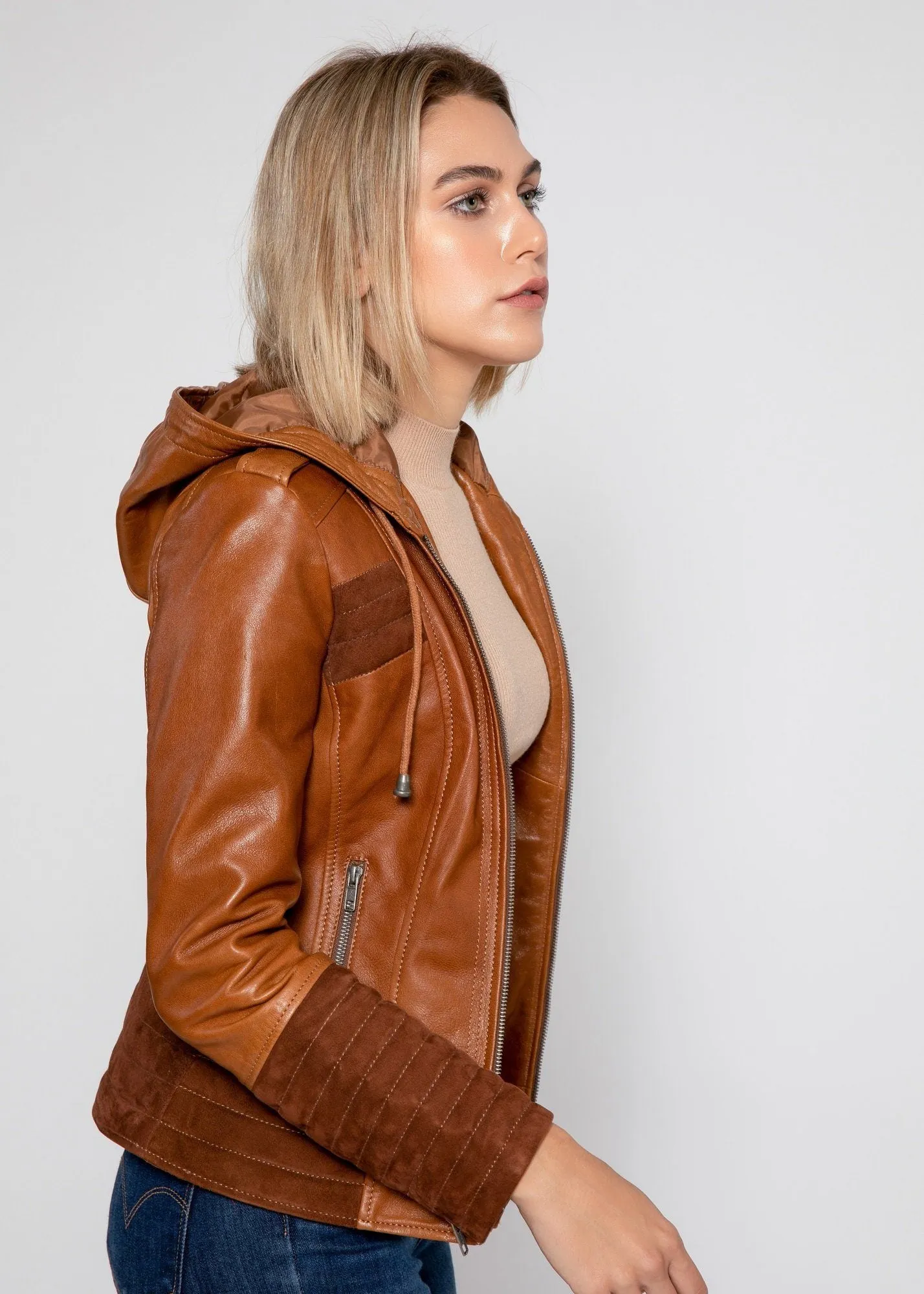 Arya Brown Suede Leather Womens Hooded Leather Jacket