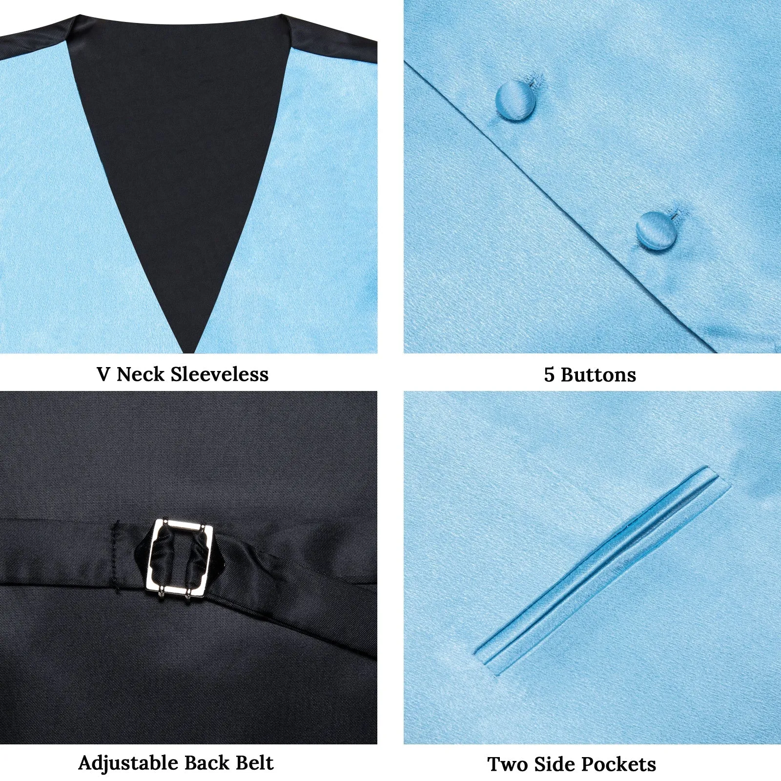 Baby Blue Solid Shining Silk Formal Men's Vest Hanky Cufflinks Tie Set