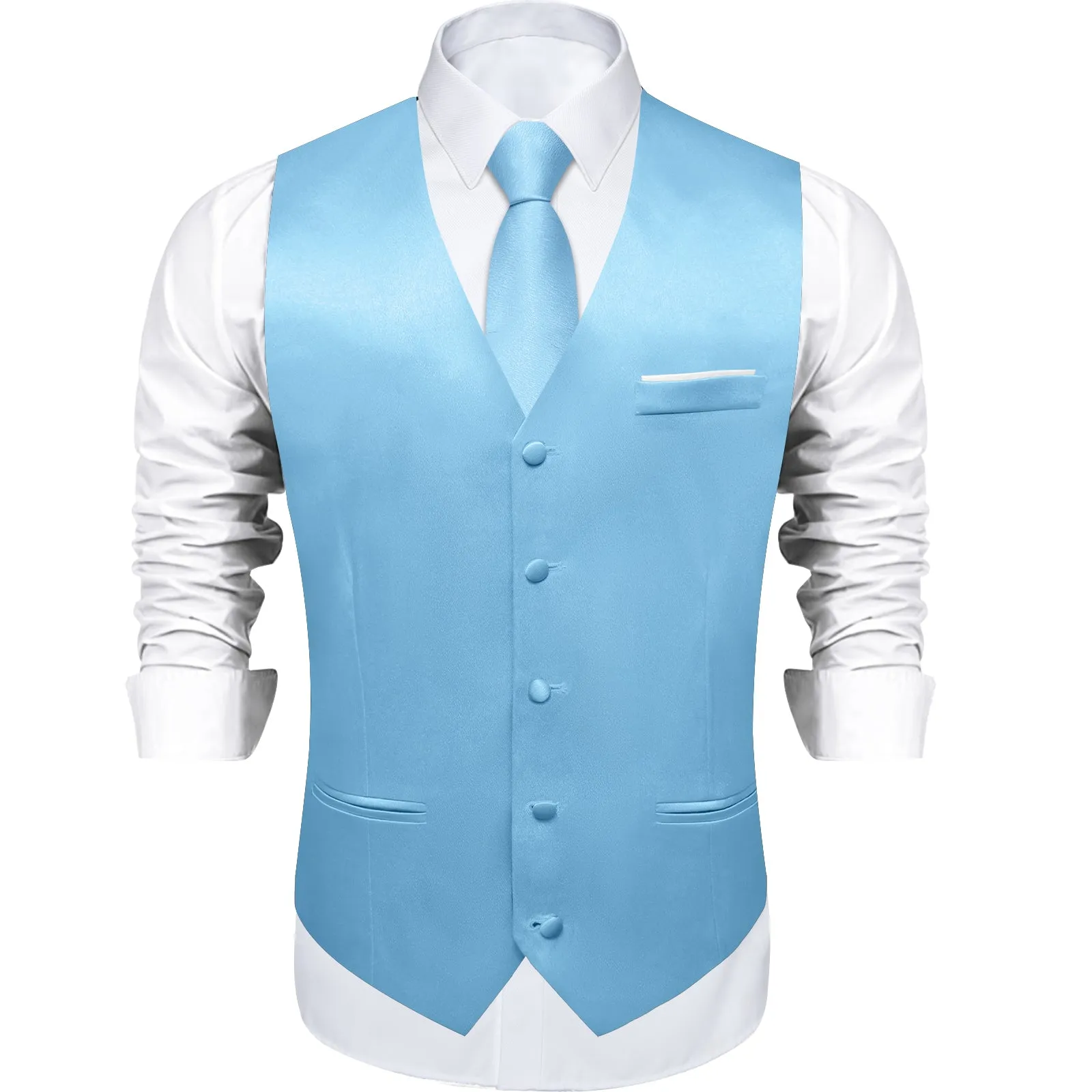 Baby Blue Solid Shining Silk Formal Men's Vest Hanky Cufflinks Tie Set