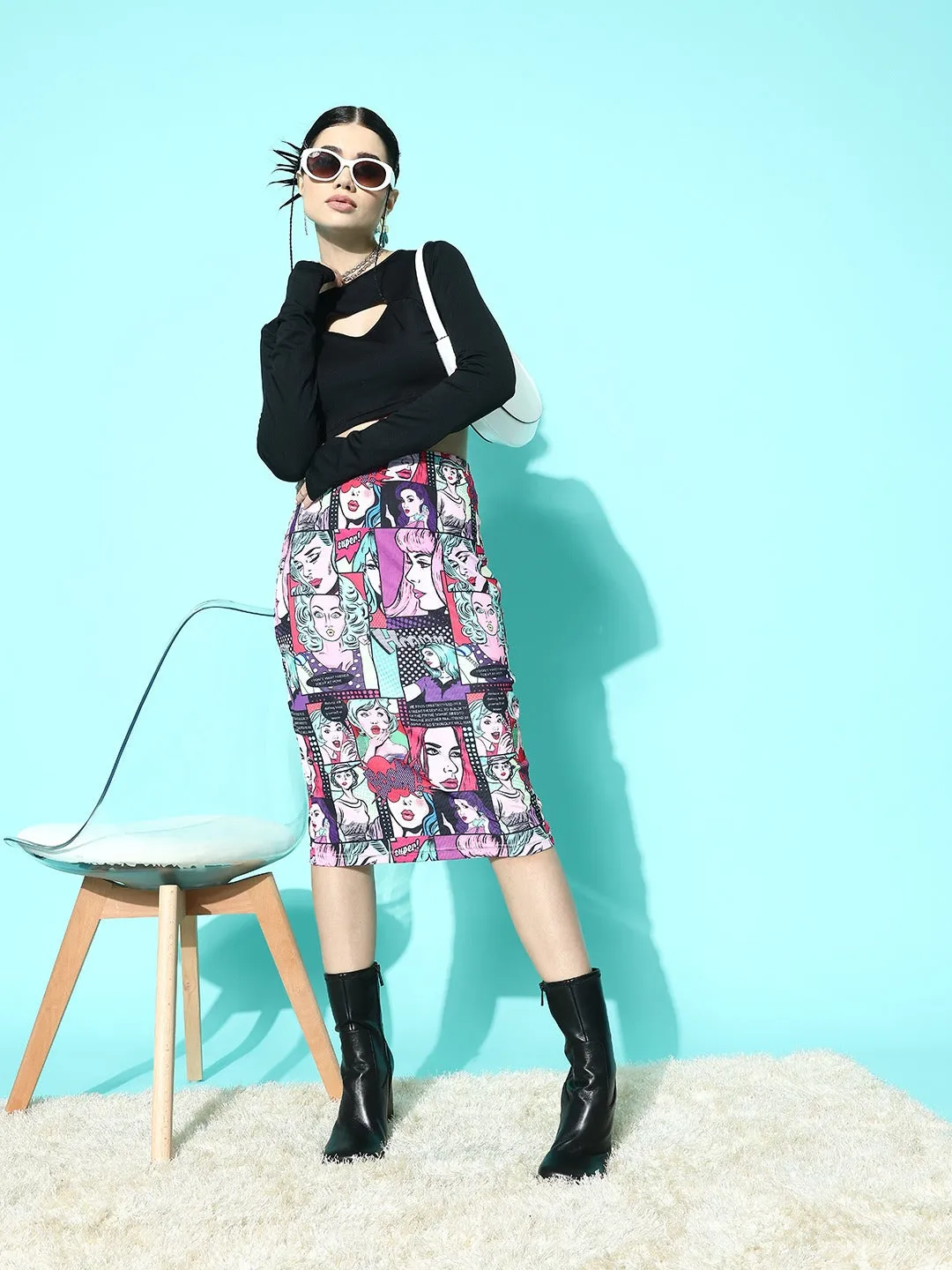 Berrylush Women Multicolour Graphic Printed High-Rise Straight Hem Slip-On Back-Slitted Pencil Midi Skirt