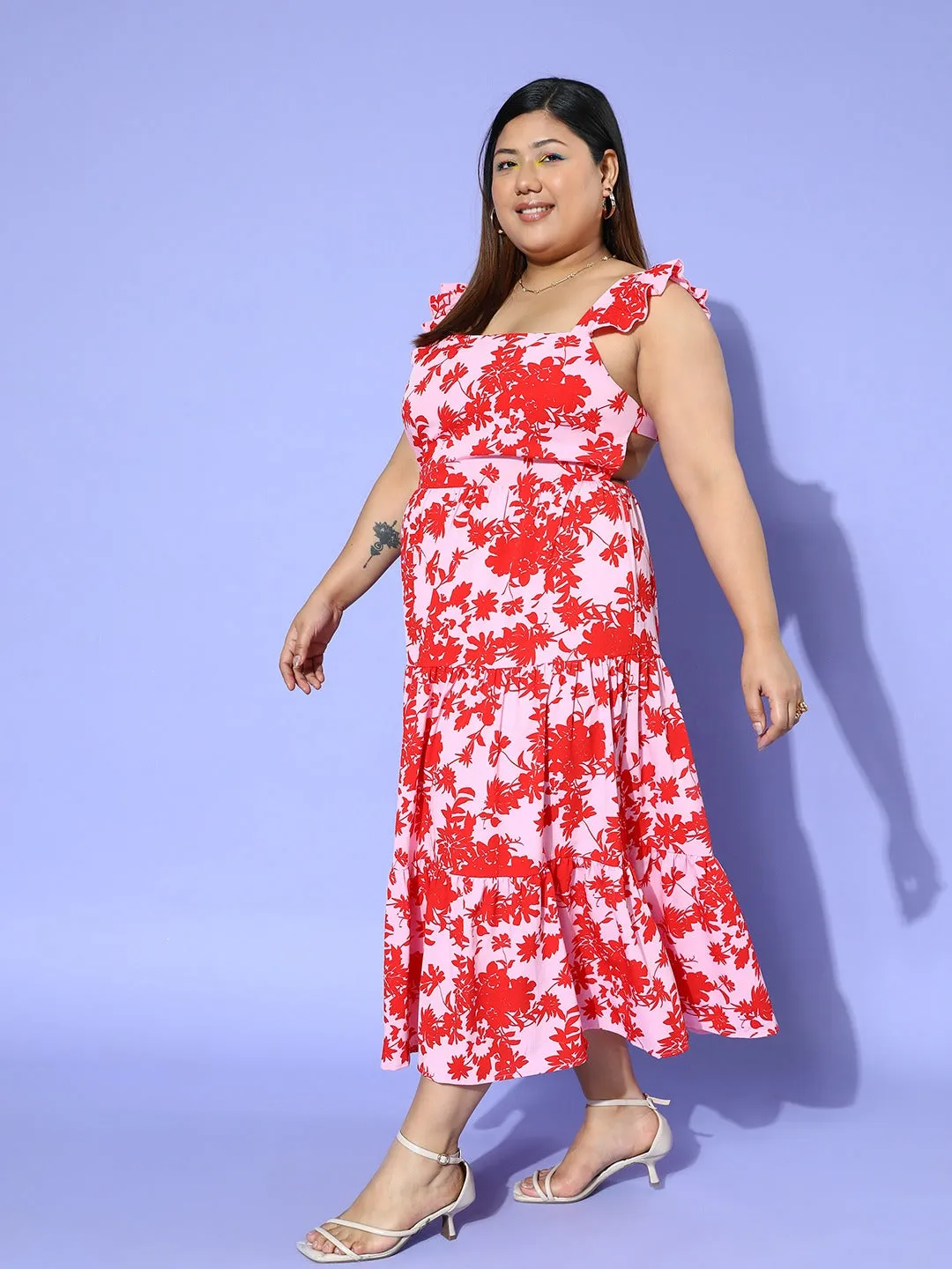 Berrylush Women Plus Size Pink & Red Tropical Printed Square Neck Cutout Tie-Up Backless Crepe Flared A-Line Maxi Dress