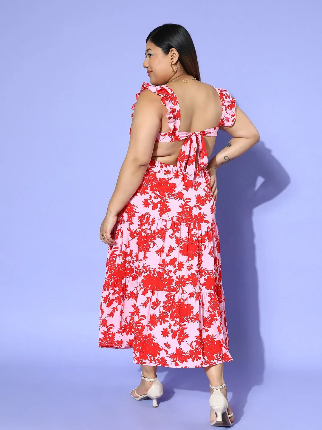 Berrylush Women Plus Size Pink & Red Tropical Printed Square Neck Cutout Tie-Up Backless Crepe Flared A-Line Maxi Dress