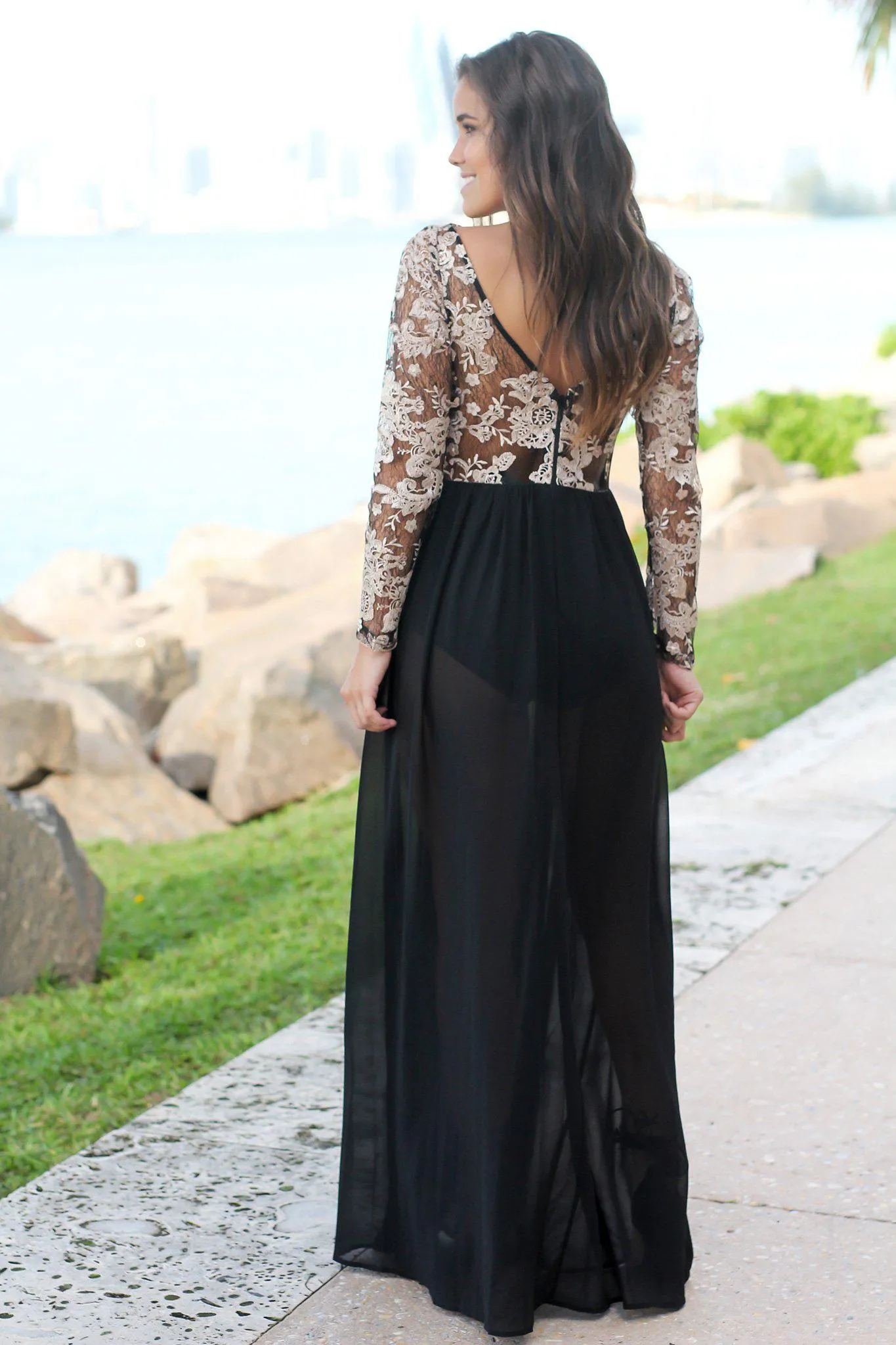 Black and Cream Long Sleeve Maxi Romper