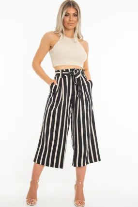 Black Beige Stripe Tie Front Culotte Trousers - Kaden