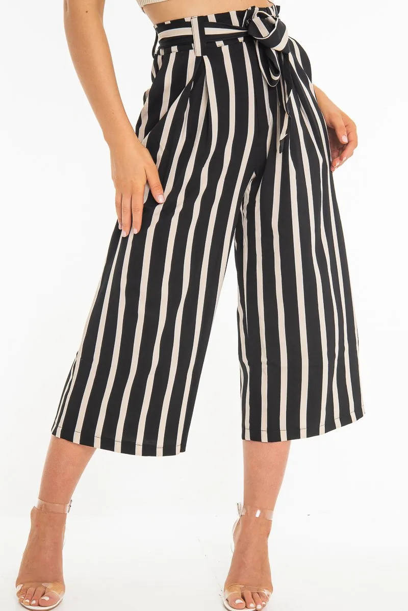 Black Beige Stripe Tie Front Culotte Trousers - Kaden