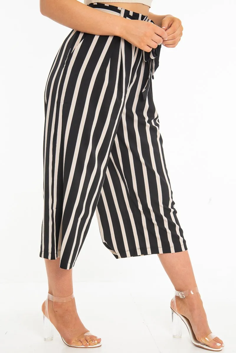 Black Beige Stripe Tie Front Culotte Trousers - Kaden