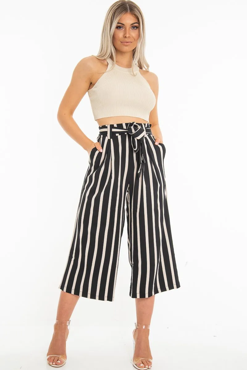 Black Beige Stripe Tie Front Culotte Trousers - Kaden