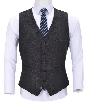 Black Herringbone V Neck Waistcoat