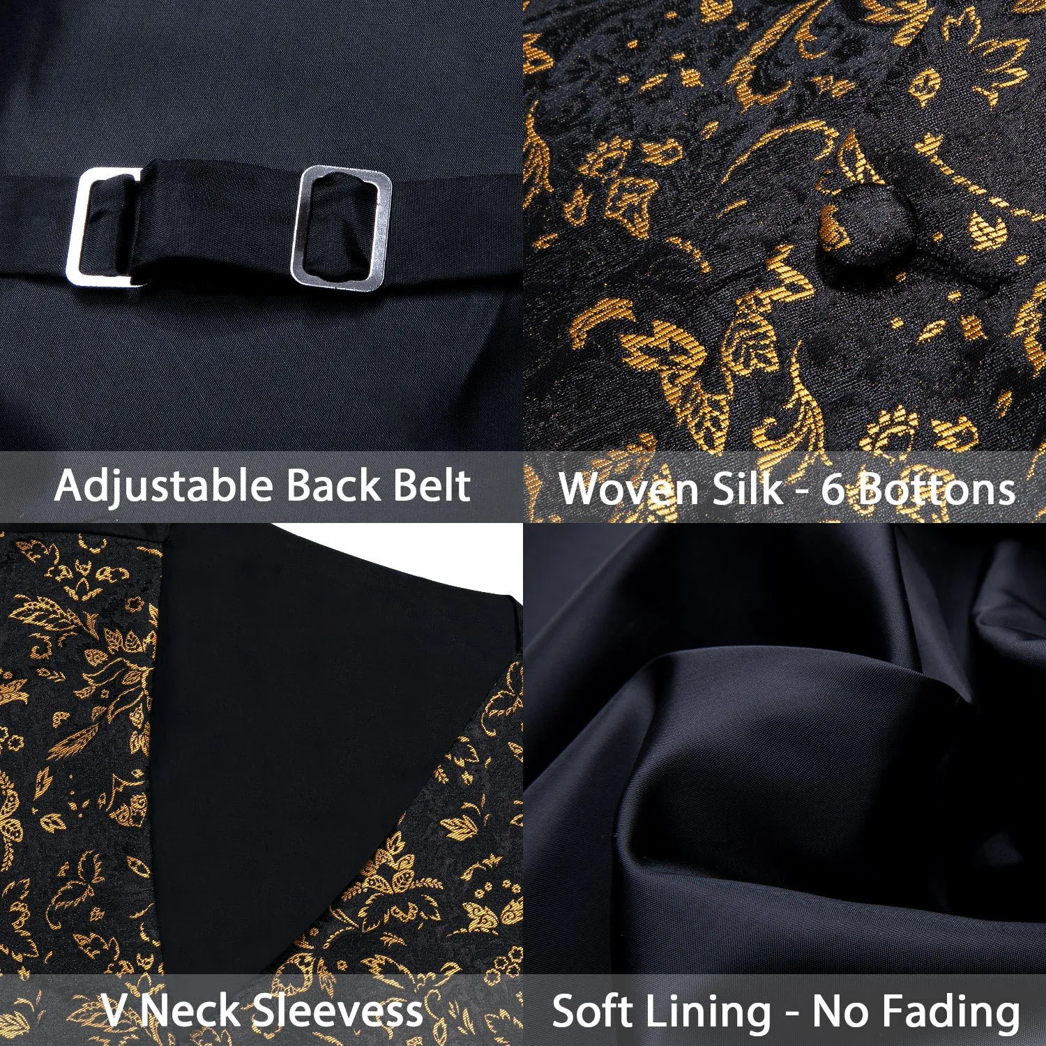 Black Yellow Floral Jacquard Silk Men's Vest Hanky Cufflinks Tie Set