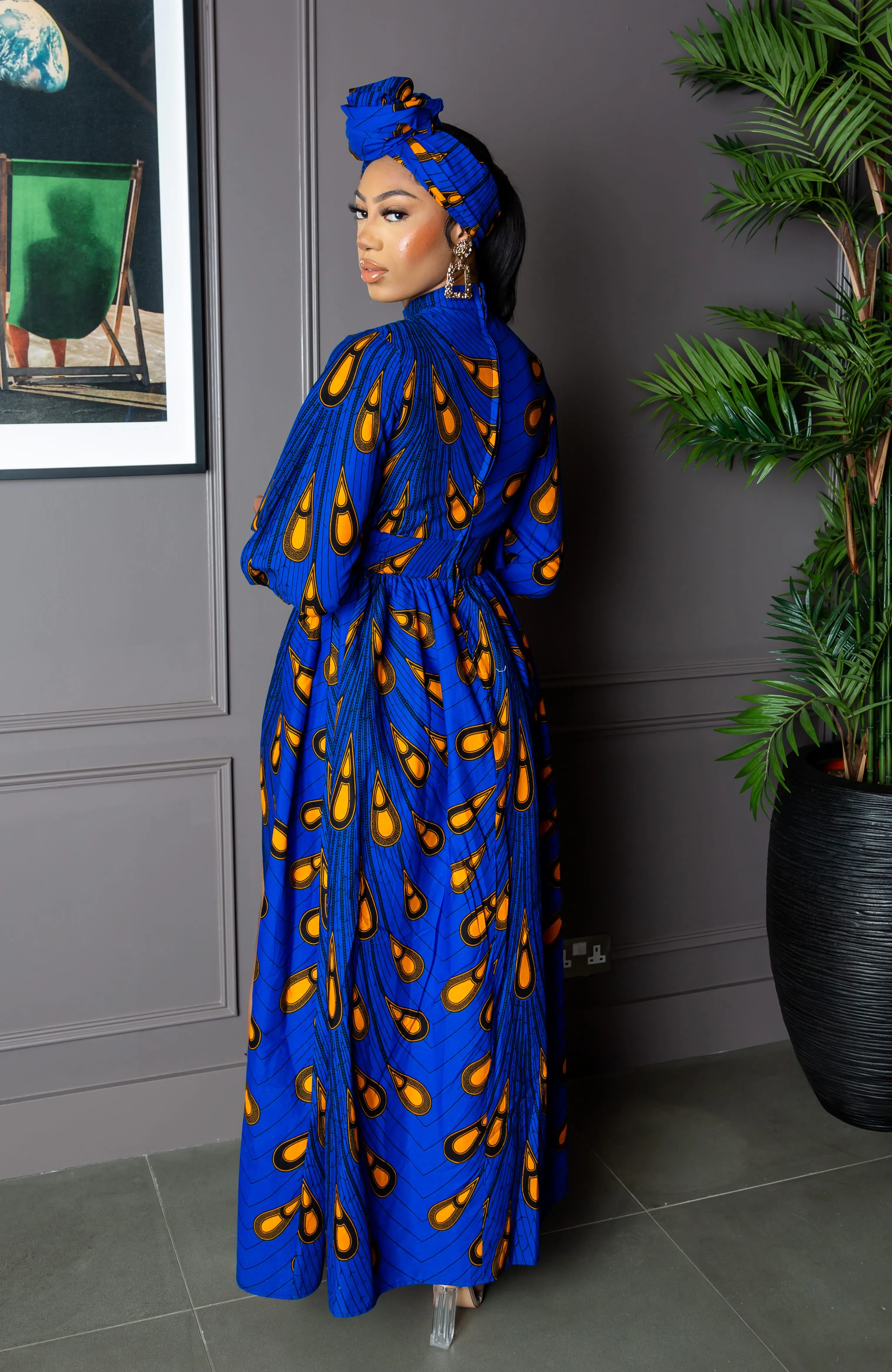 Blue Long Sleeve African Maxi Dress | African Party Dress - ELLA