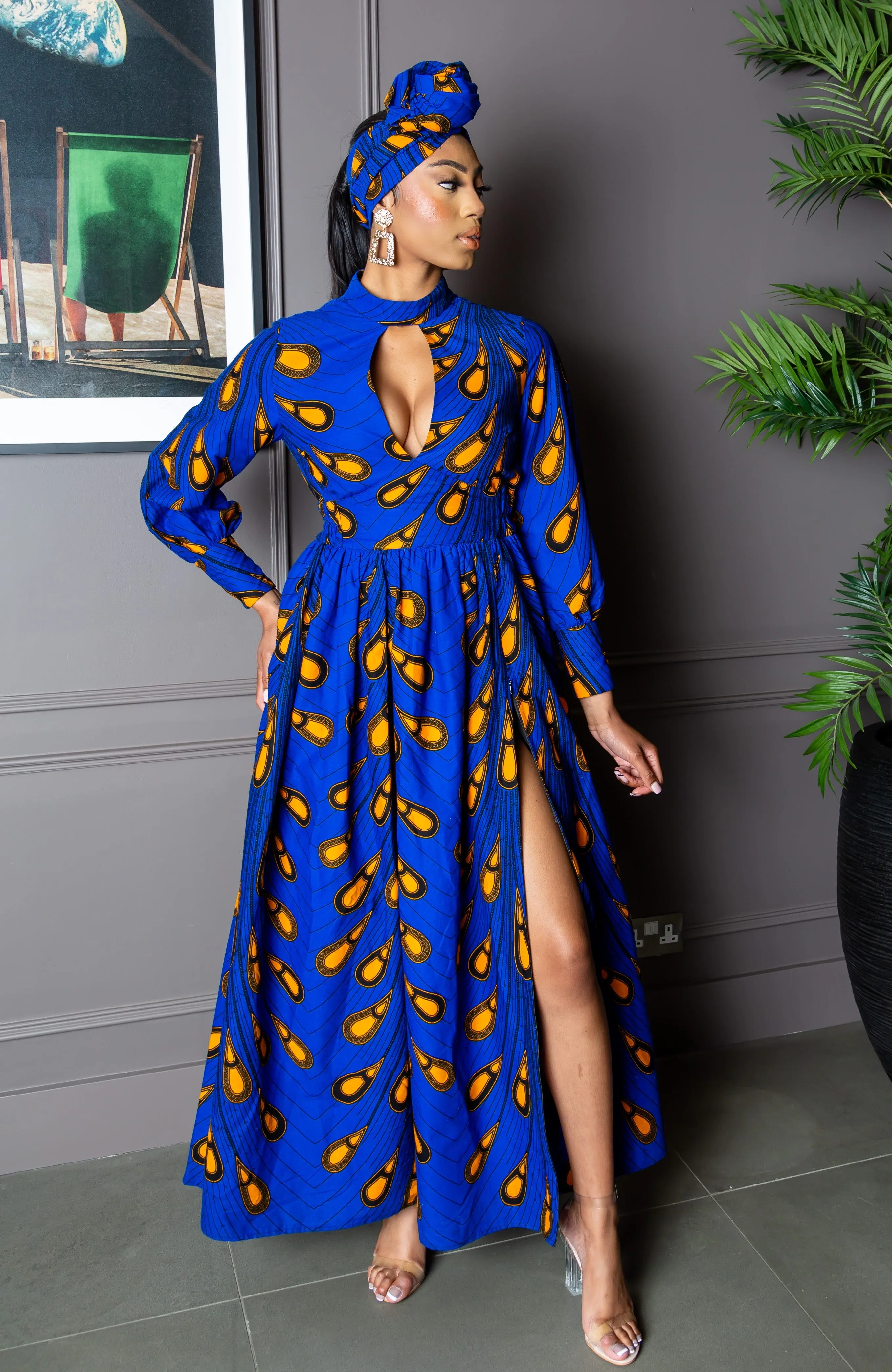 Blue Long Sleeve African Maxi Dress | African Party Dress - ELLA