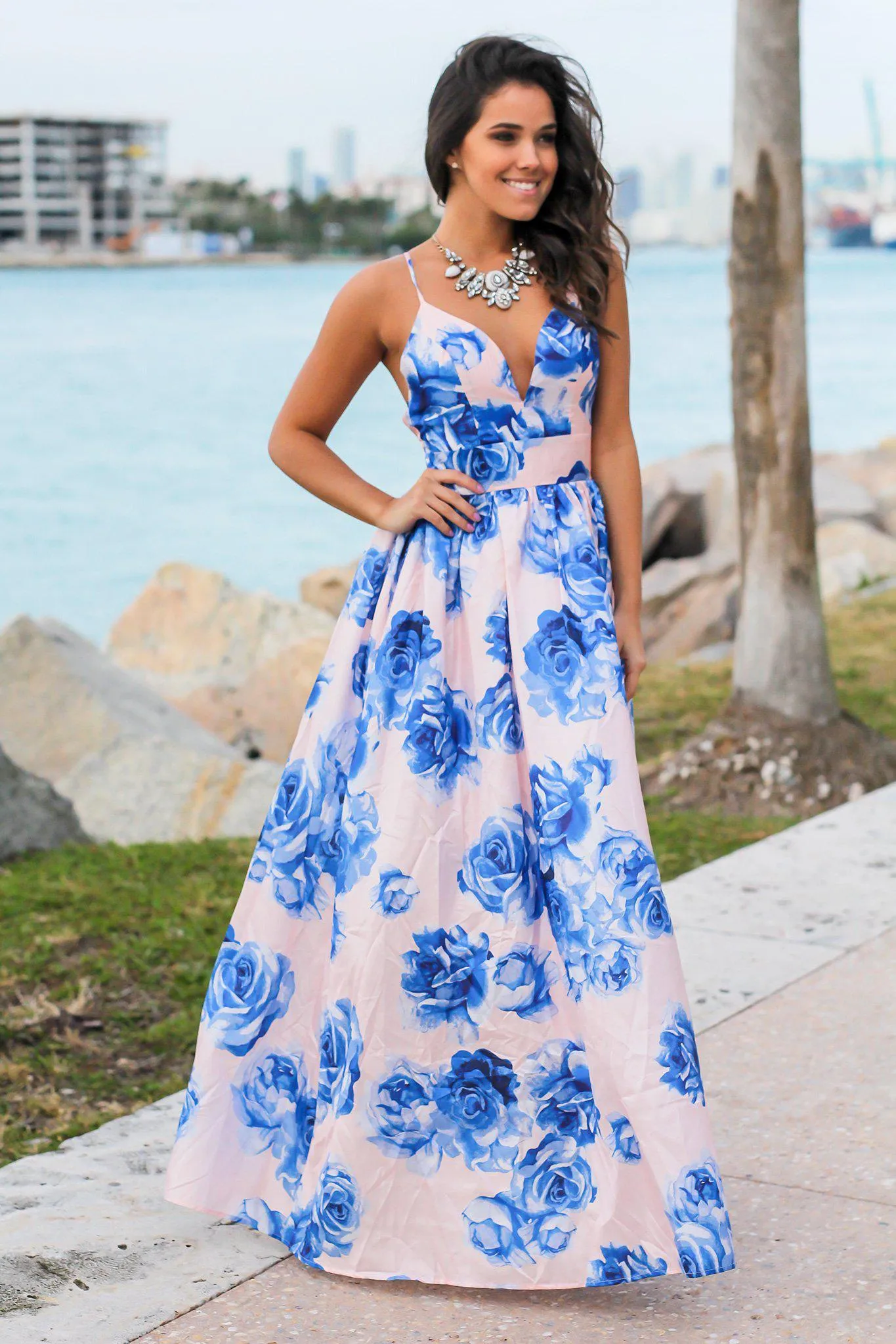 Blush and Blue Floral Maxi Dress with Criss Cross Back