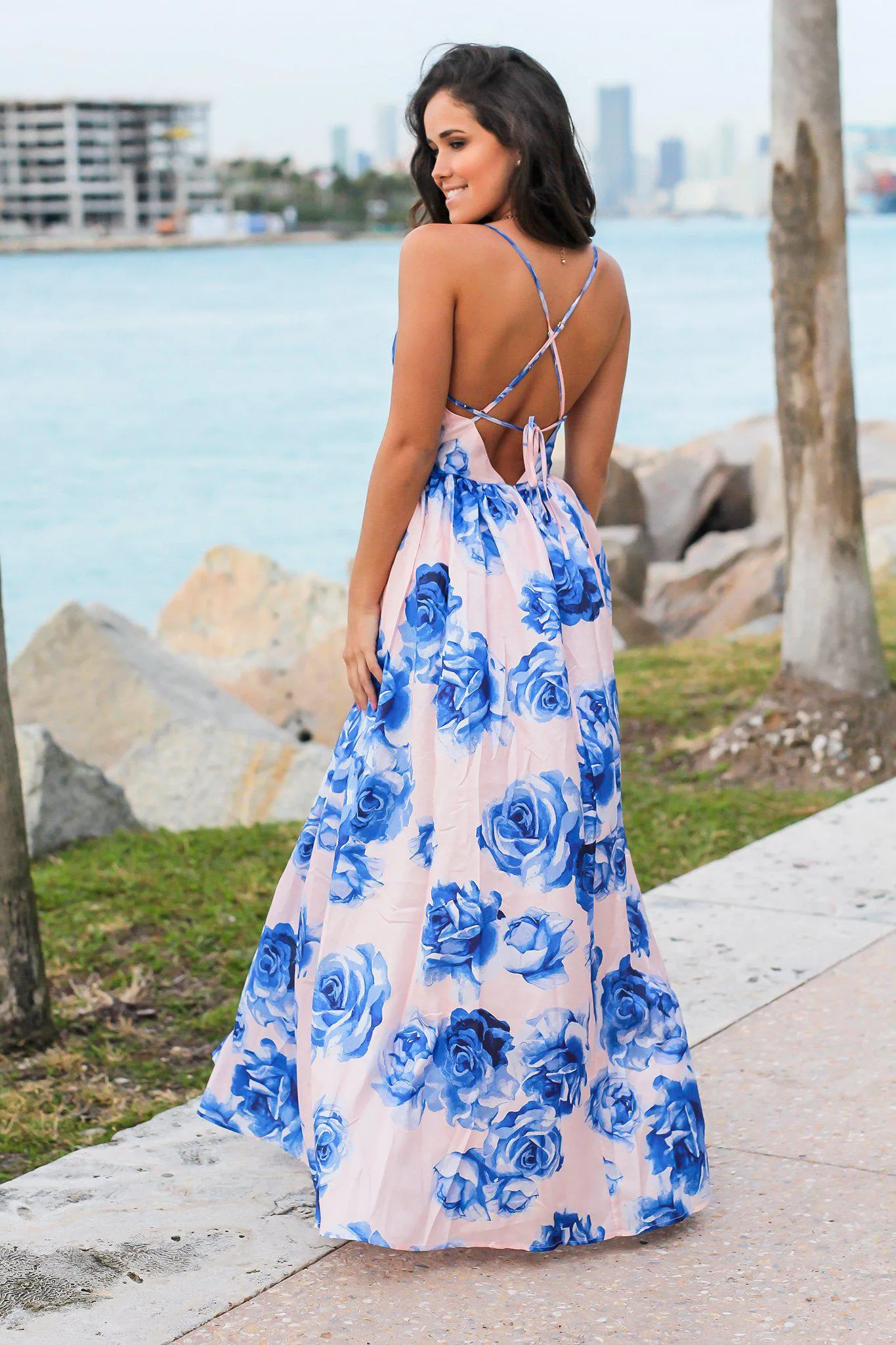 Blush and Blue Floral Maxi Dress with Criss Cross Back