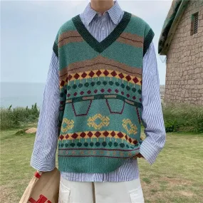 Bonsir Jumpers Knit Vests for Men Green Sweater Man V Neck Printed Oversize Waistcoat Clothing Deals 2024 Autumnr and Winter Loose Fit