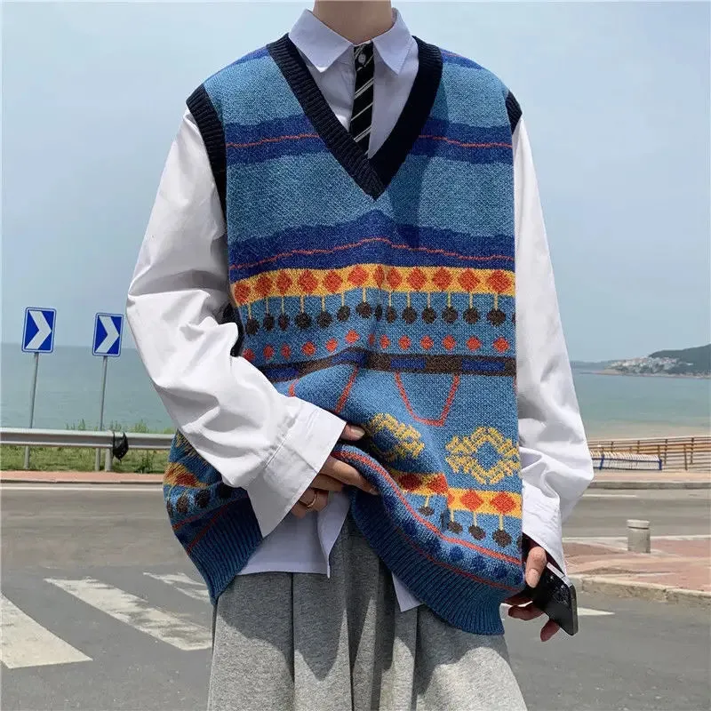 Bonsir Jumpers Knit Vests for Men Green Sweater Man V Neck Printed Oversize Waistcoat Clothing Deals 2024 Autumnr and Winter Loose Fit