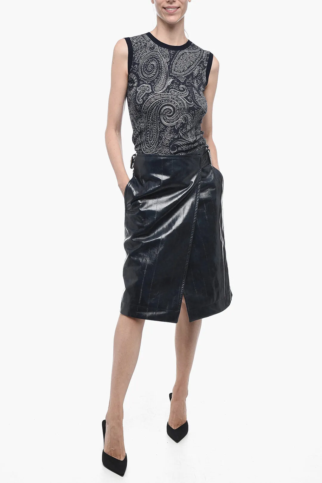 Bottega Veneta Belted Leather A-Line Skirt