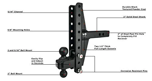 BulletProof Hitches 2.0" Adjustable Extreme Duty (30,000lb Rating) Offset 4" & 6" Drop/Rise Trailer Hitch with 2" and 2 5/16" Dual Ball (Black Textured Powder Coat, Solid Steel)