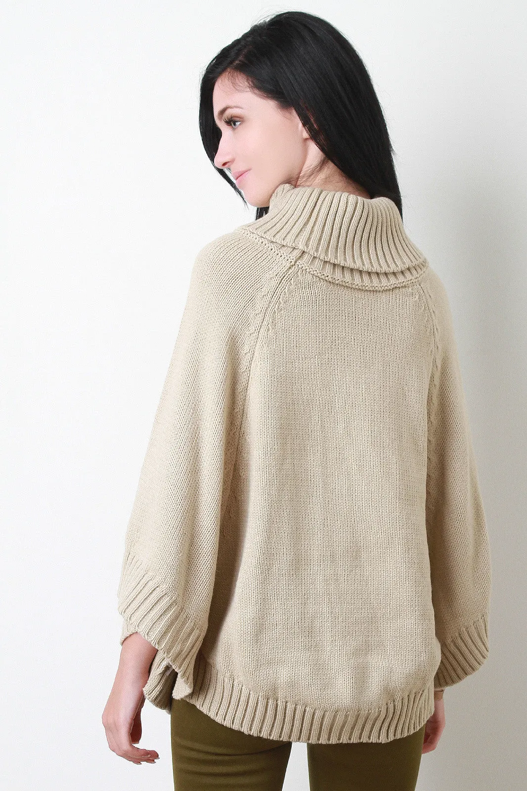 Button Ribbed Knit Turtleneck Poncho