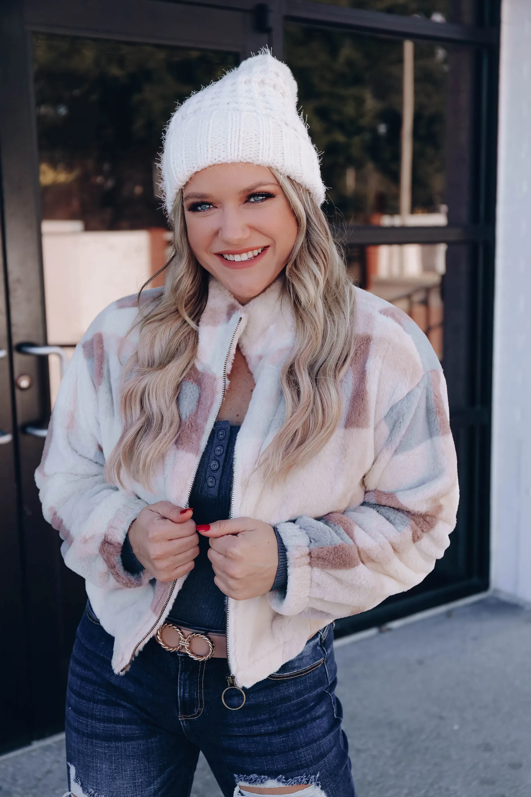 Camber Cropped Plaid Jacket- White/Taupe