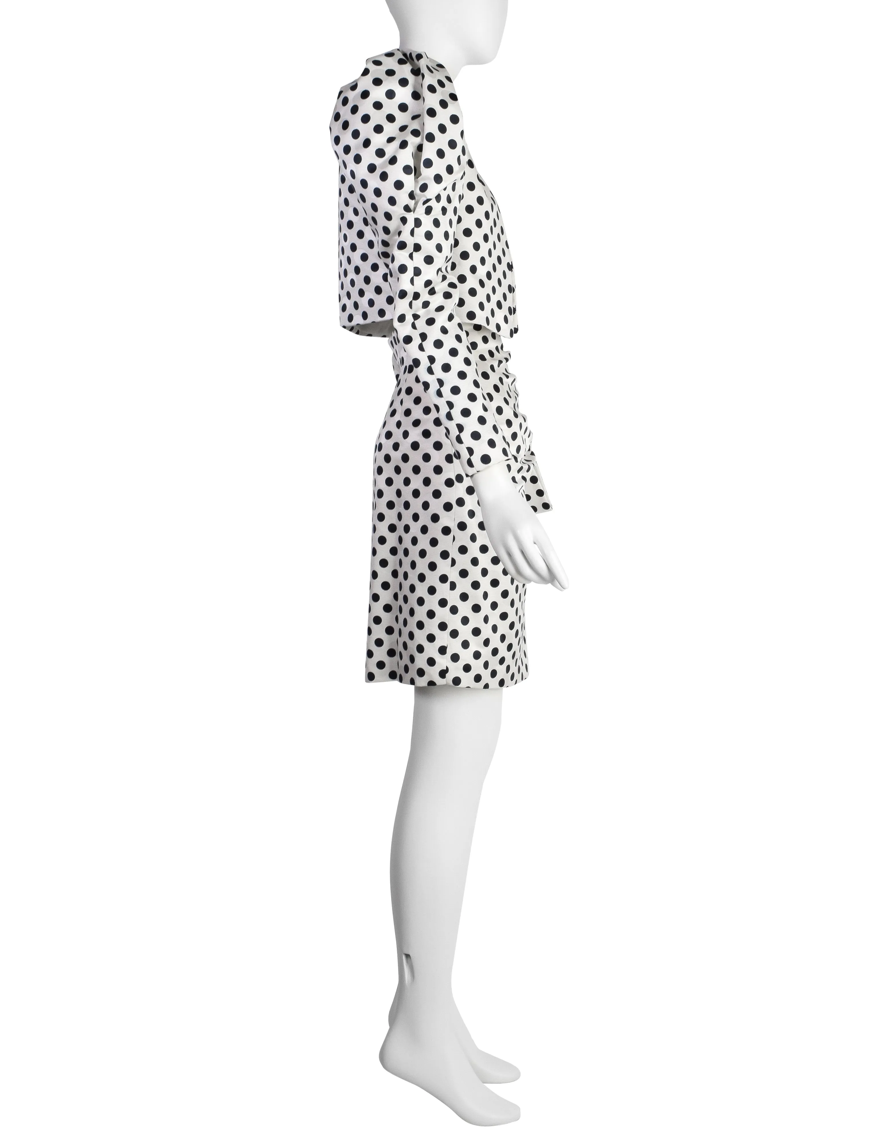 Carolyne Roehm Vintage 1980s Polka Dot Puff Sleeve Cropped Jacket and Skirt Ensemble