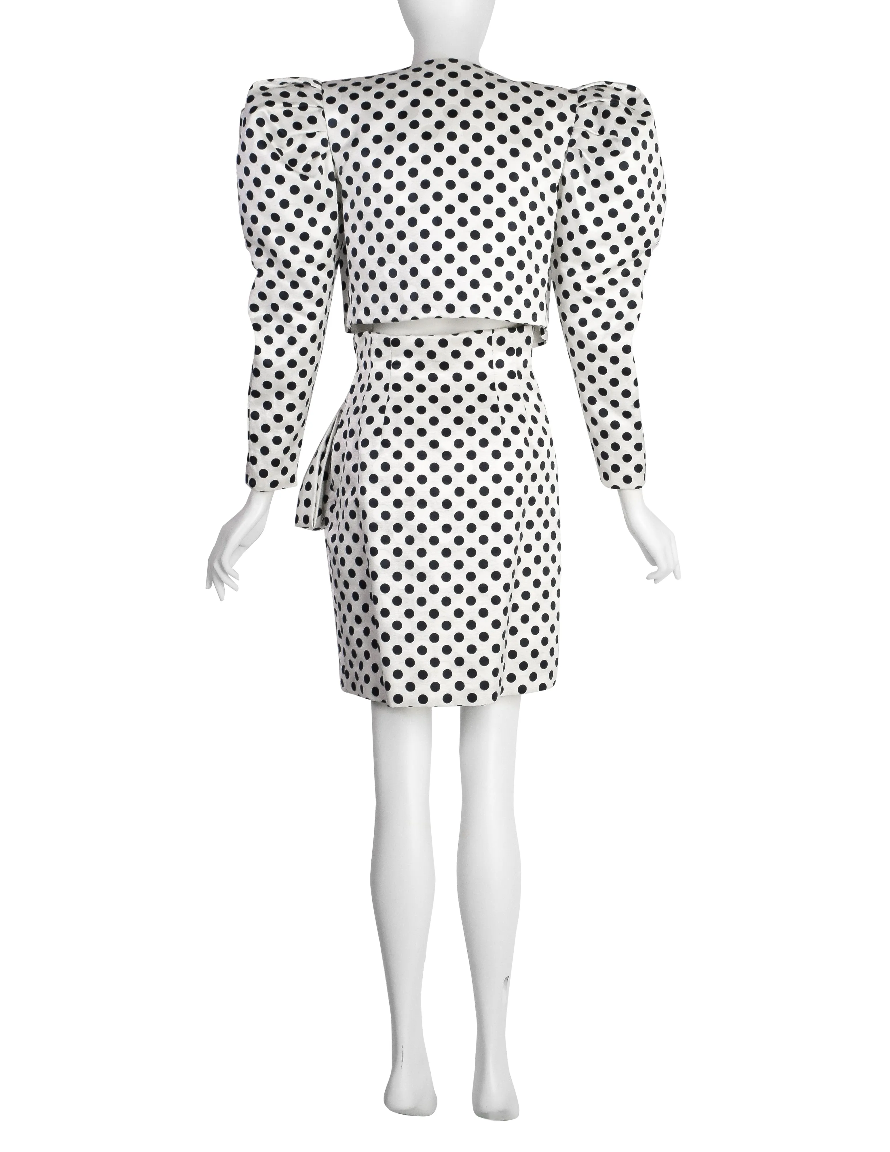 Carolyne Roehm Vintage 1980s Polka Dot Puff Sleeve Cropped Jacket and Skirt Ensemble