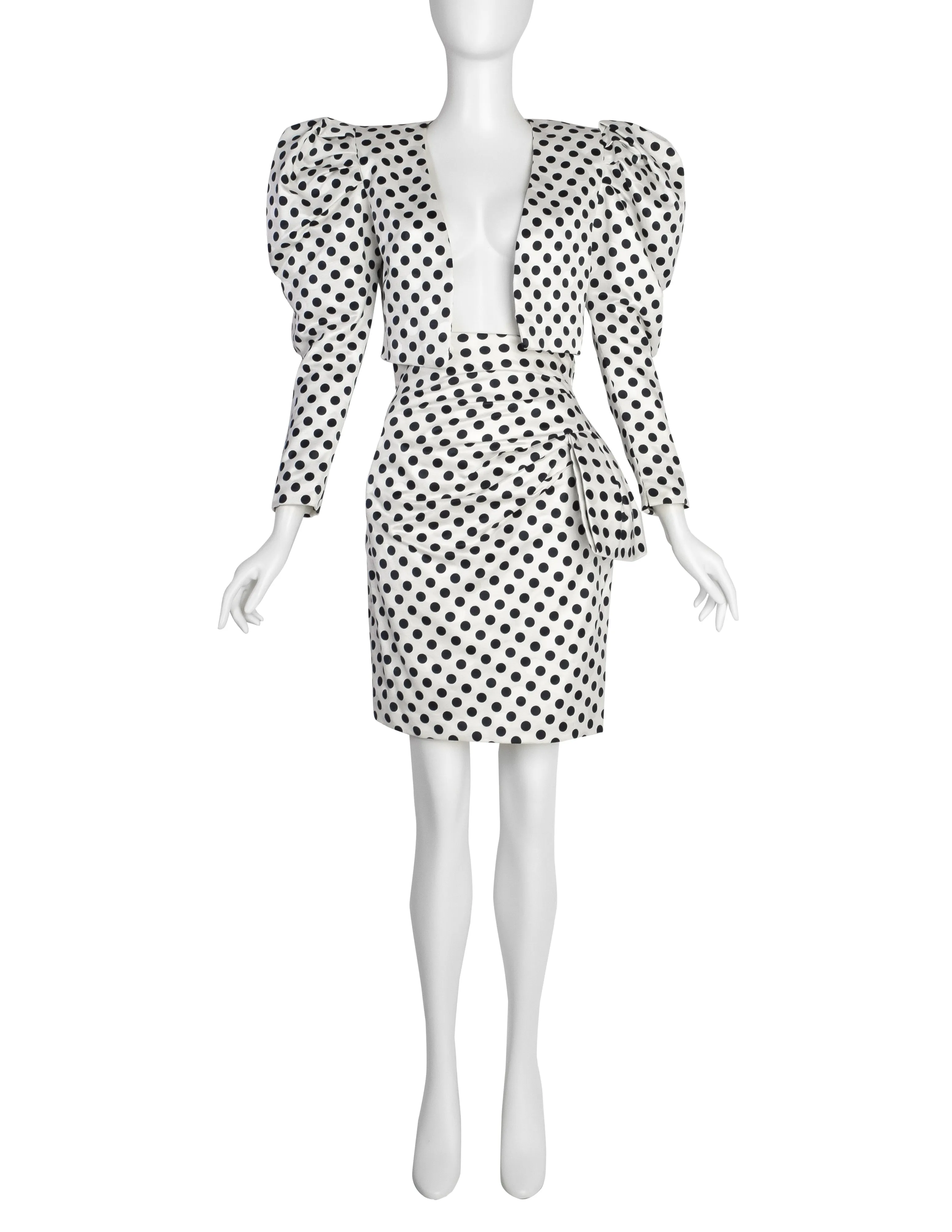 Carolyne Roehm Vintage 1980s Polka Dot Puff Sleeve Cropped Jacket and Skirt Ensemble