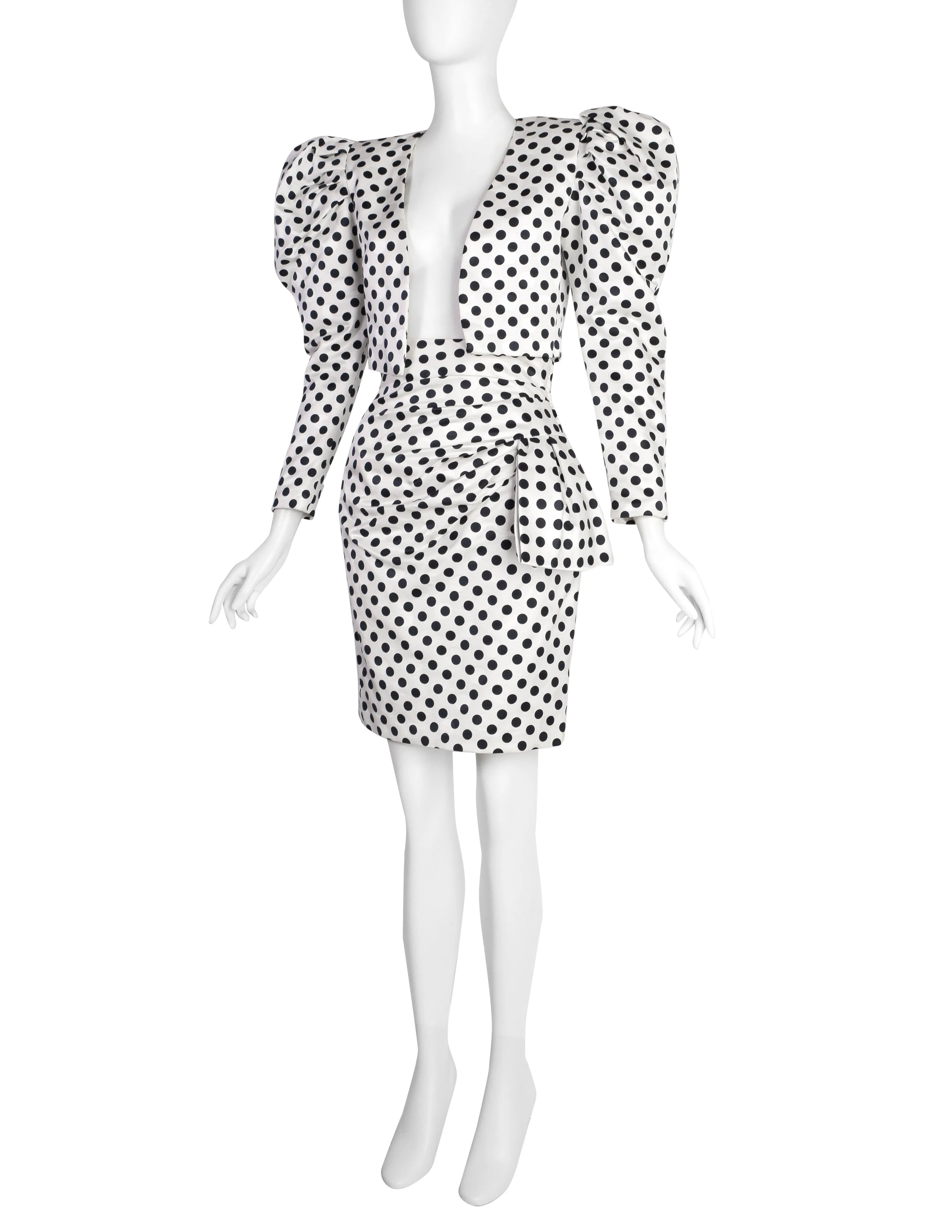 Carolyne Roehm Vintage 1980s Polka Dot Puff Sleeve Cropped Jacket and Skirt Ensemble