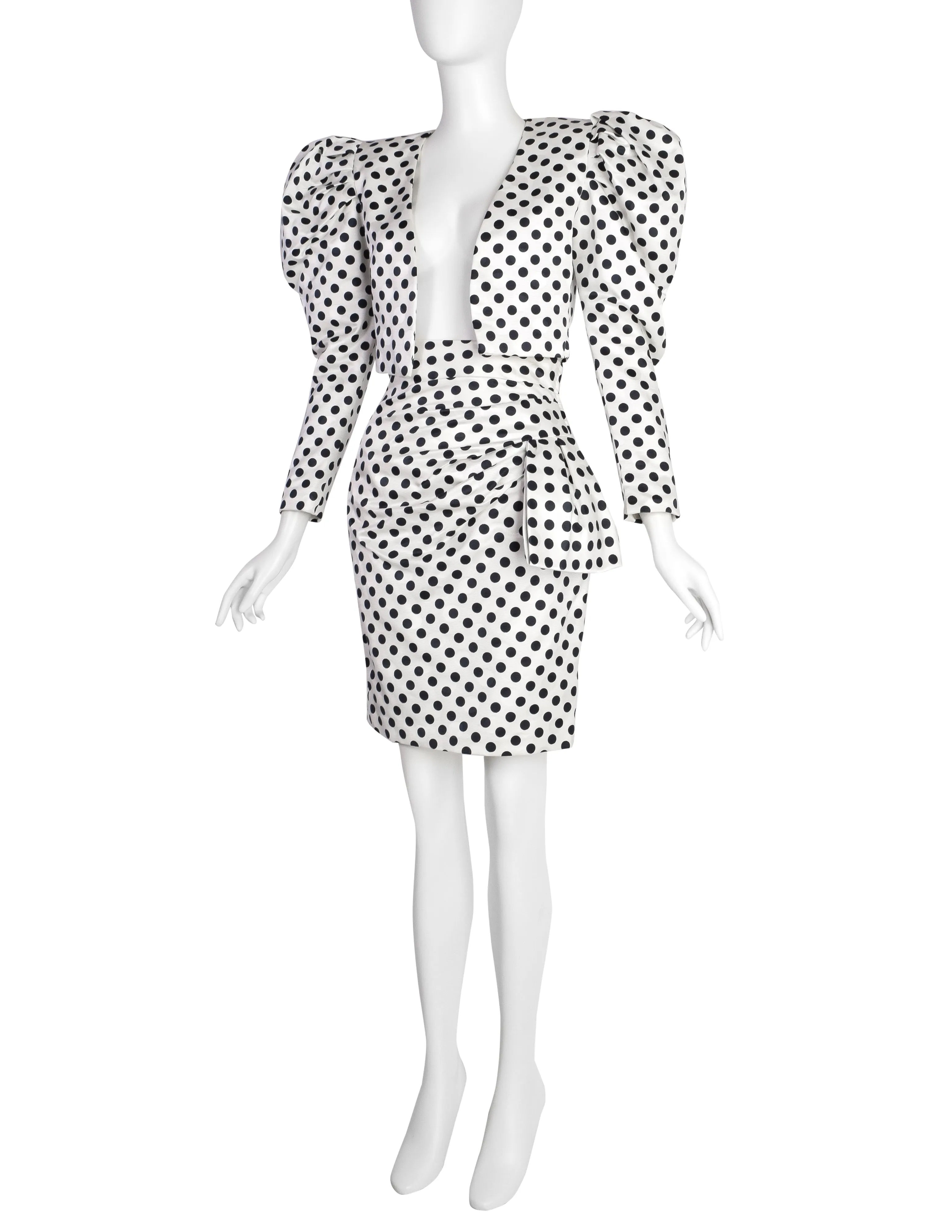 Carolyne Roehm Vintage 1980s Polka Dot Puff Sleeve Cropped Jacket and Skirt Ensemble