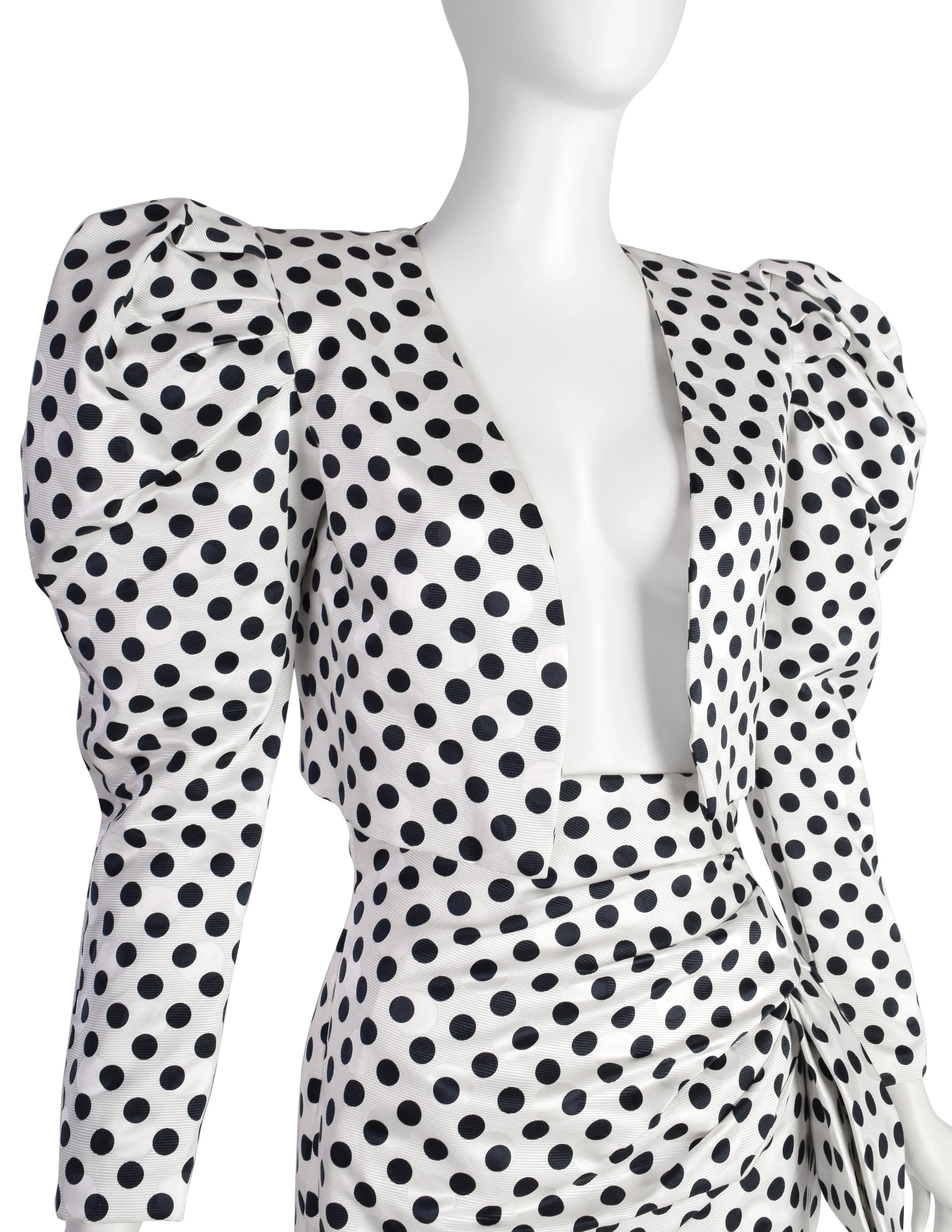 Carolyne Roehm Vintage 1980s Polka Dot Puff Sleeve Cropped Jacket and Skirt Ensemble