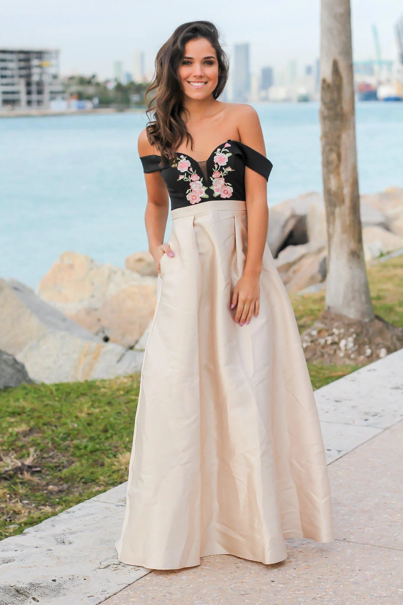 Champagne Maxi Dress with Floral Embroidered Top