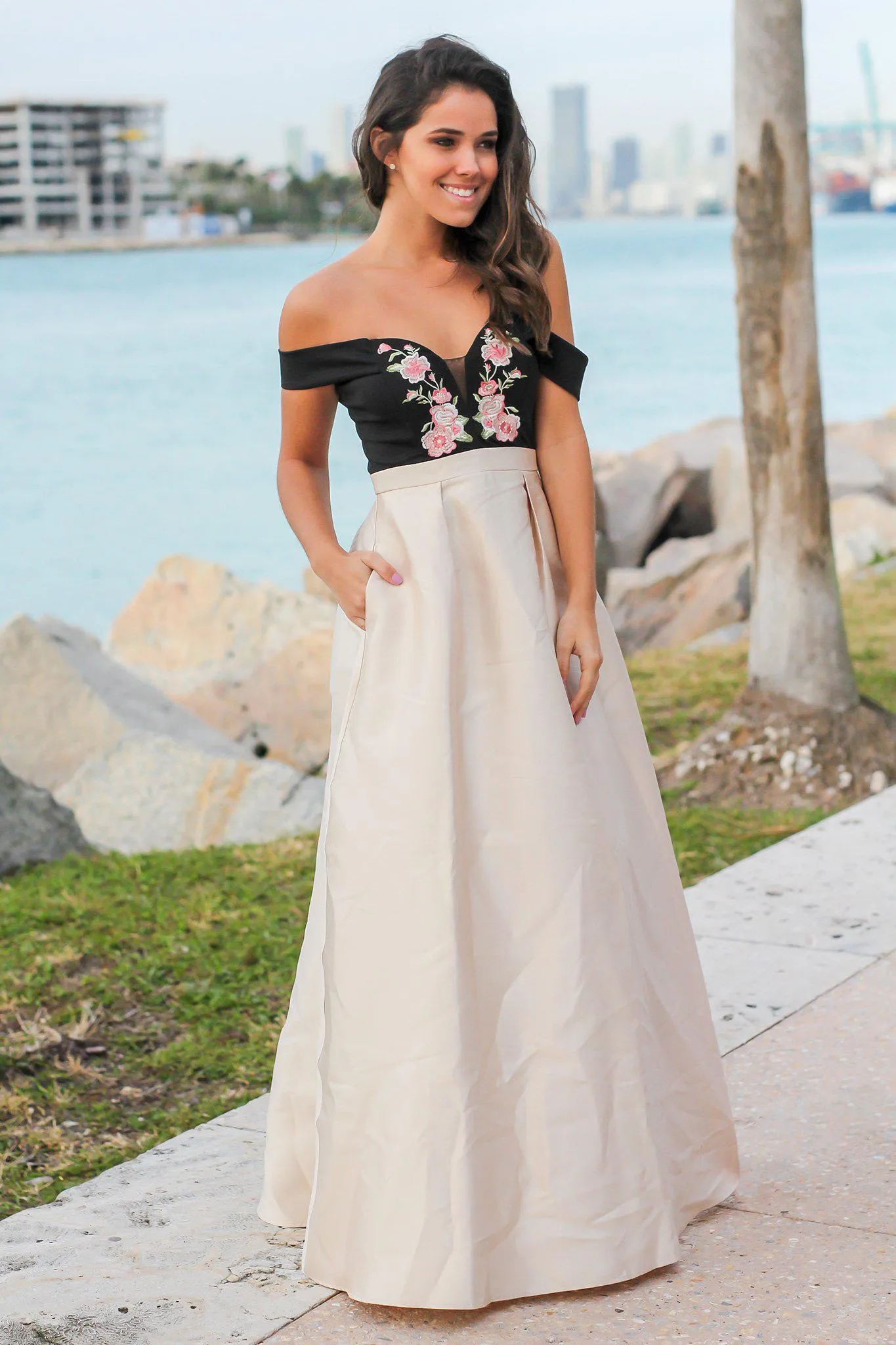 Champagne Maxi Dress with Floral Embroidered Top