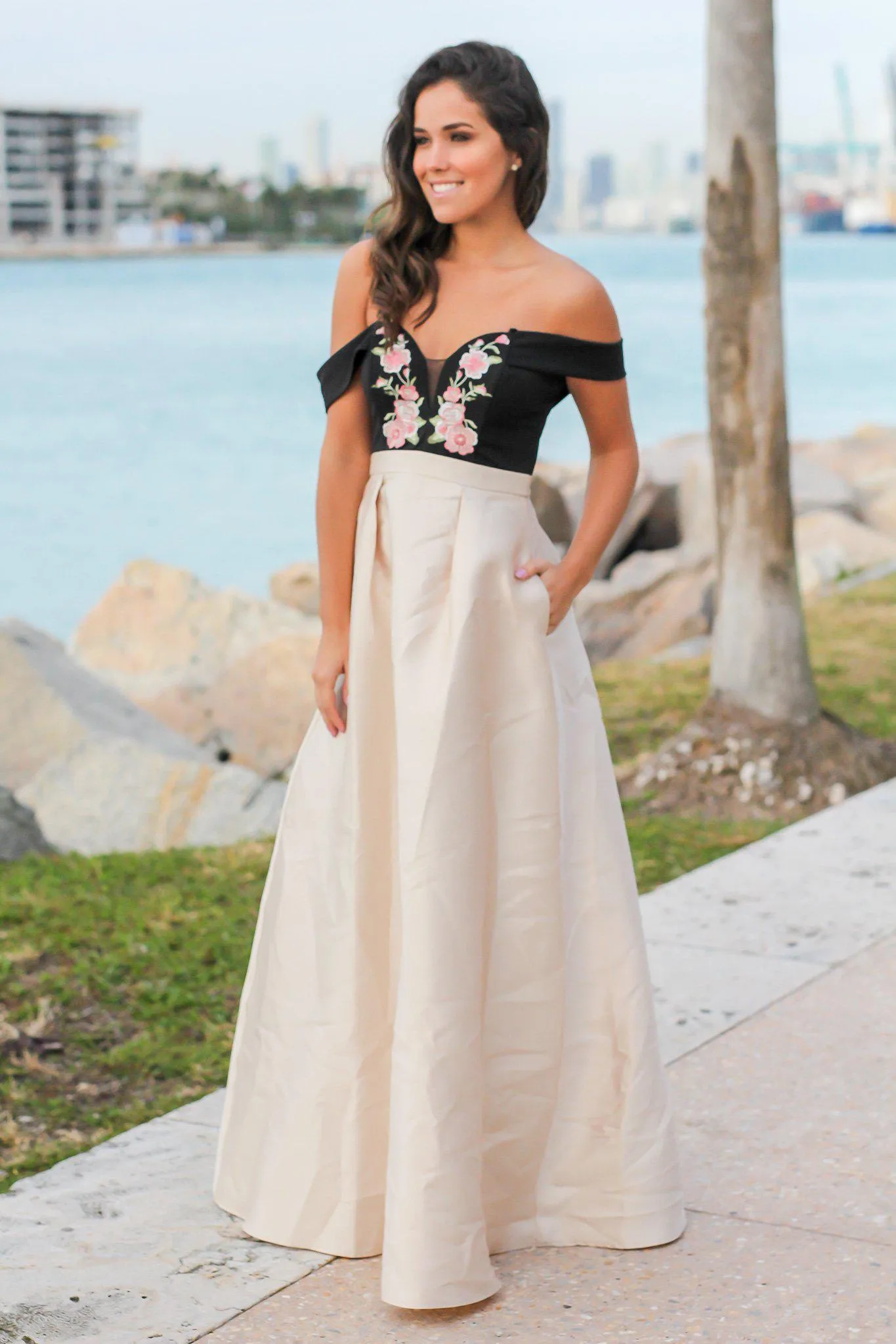 Champagne Maxi Dress with Floral Embroidered Top