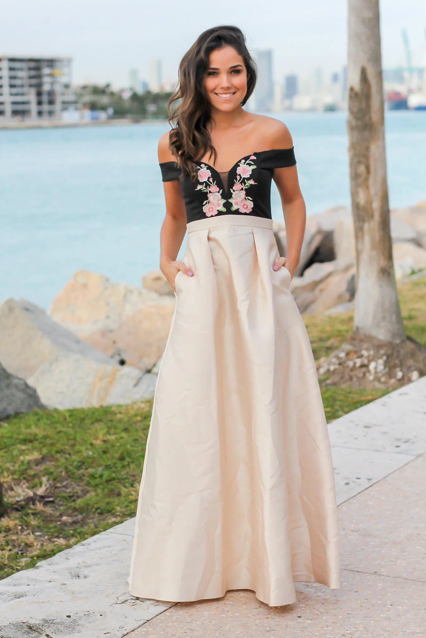 Champagne Maxi Dress with Floral Embroidered Top