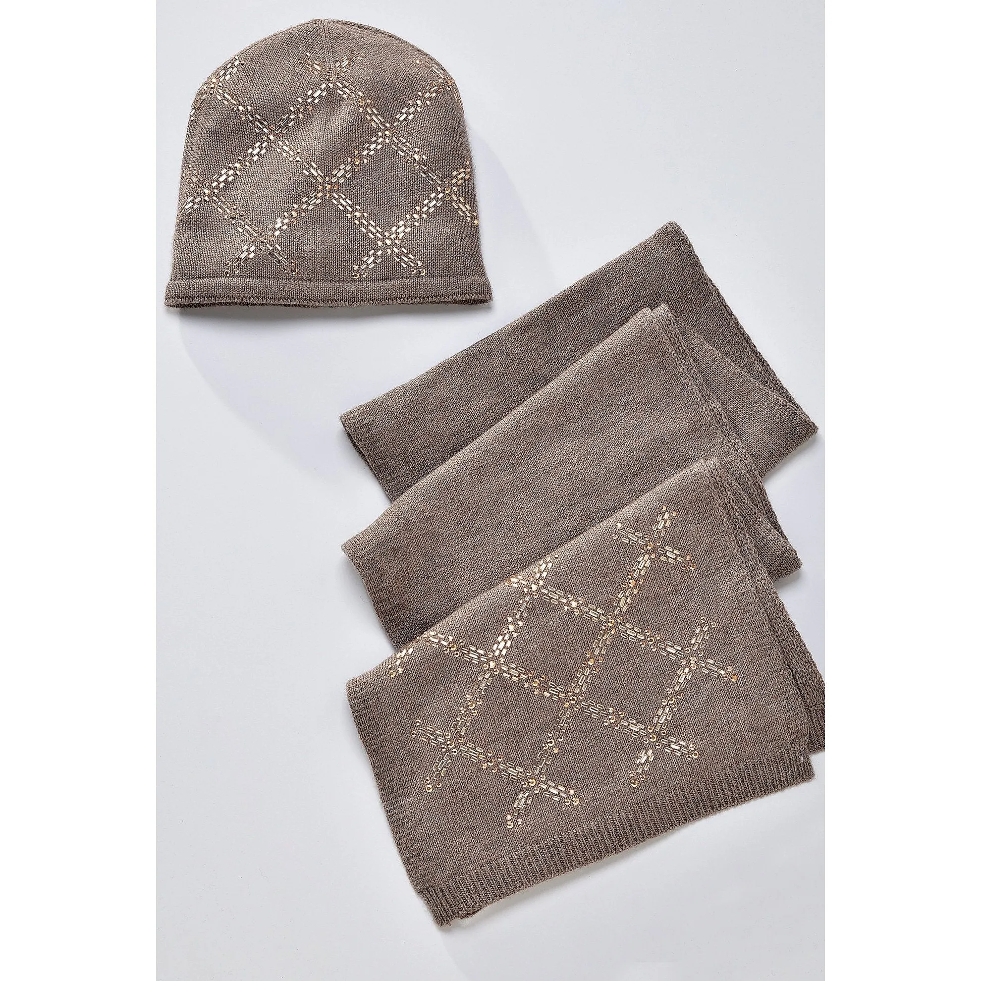 Charlie Paige Studded Scarf/Hat Set - Brown