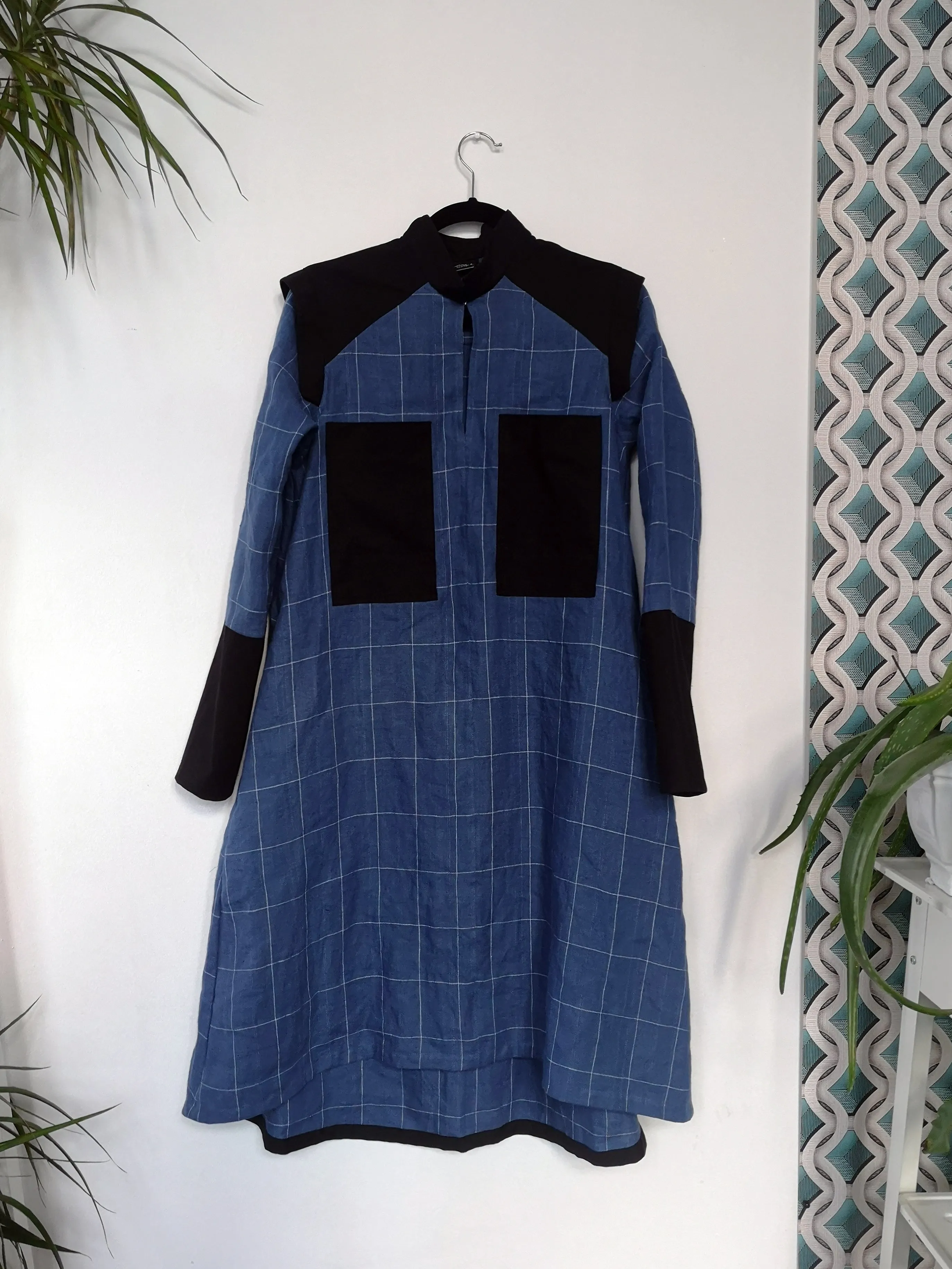 Checked Blue Linen space Warrior Princess Shirt Dress with Bleck Linen Details