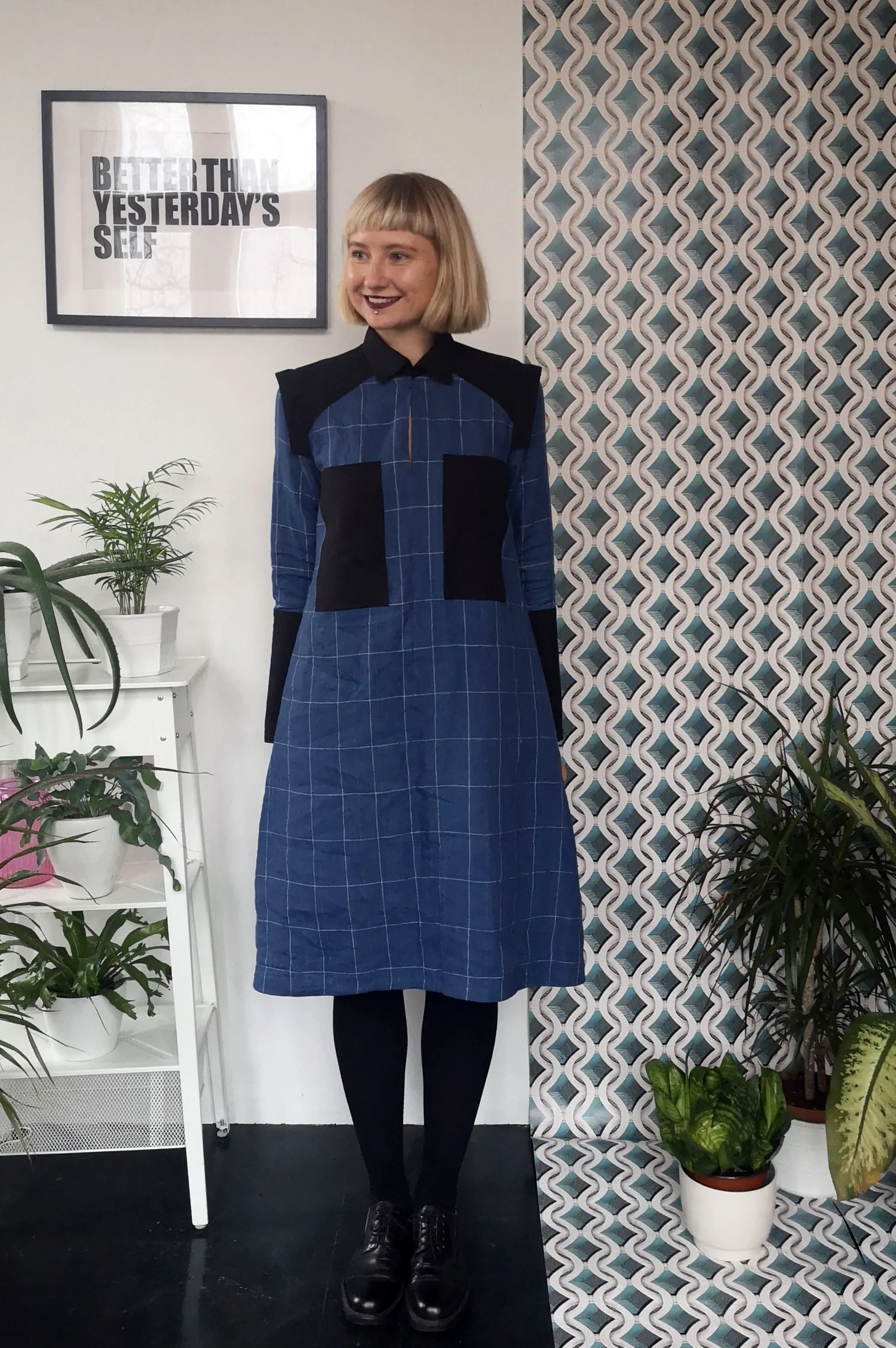 Checked Blue Linen space Warrior Princess Shirt Dress with Bleck Linen Details