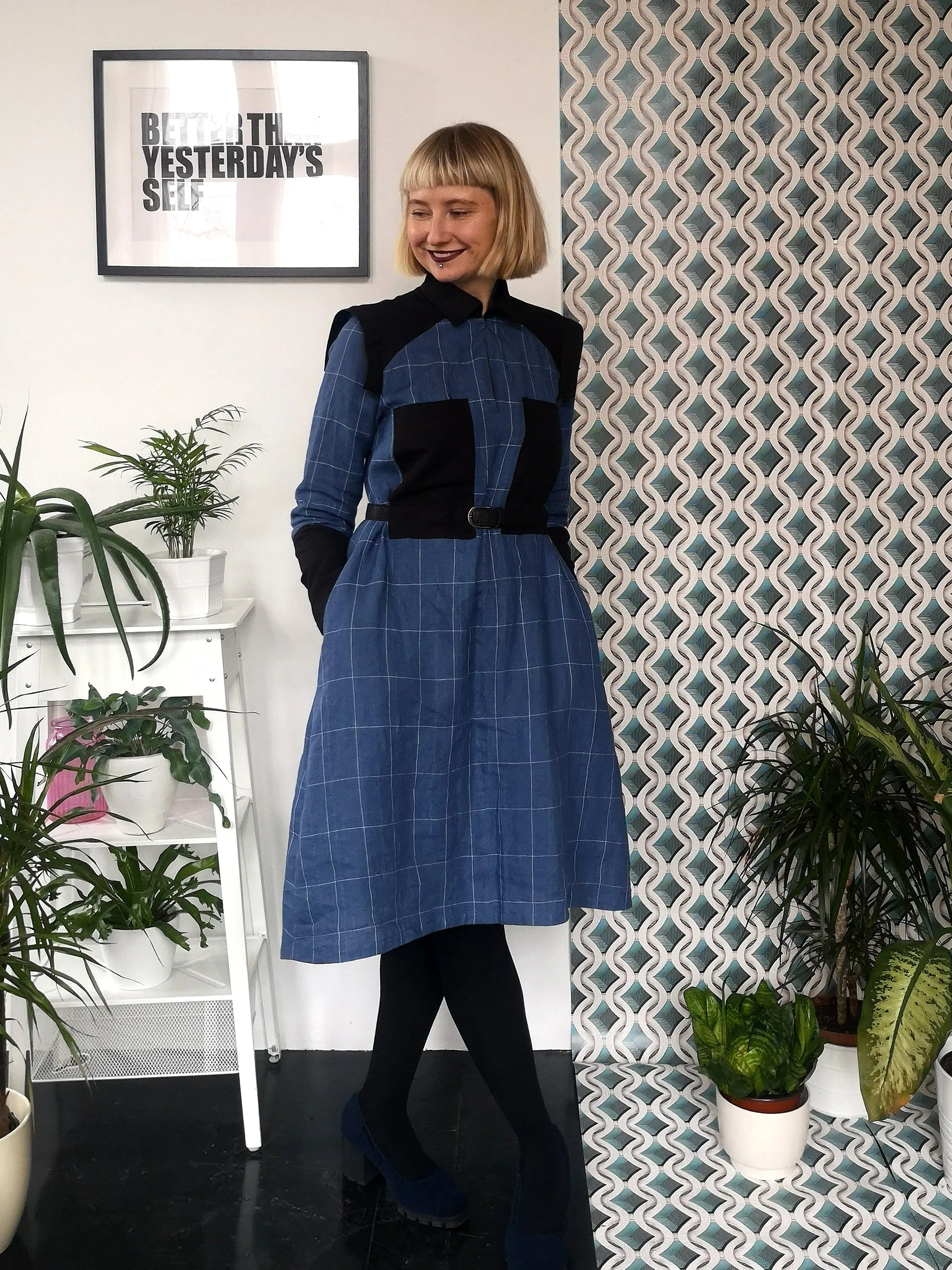 Checked Blue Linen space Warrior Princess Shirt Dress with Bleck Linen Details