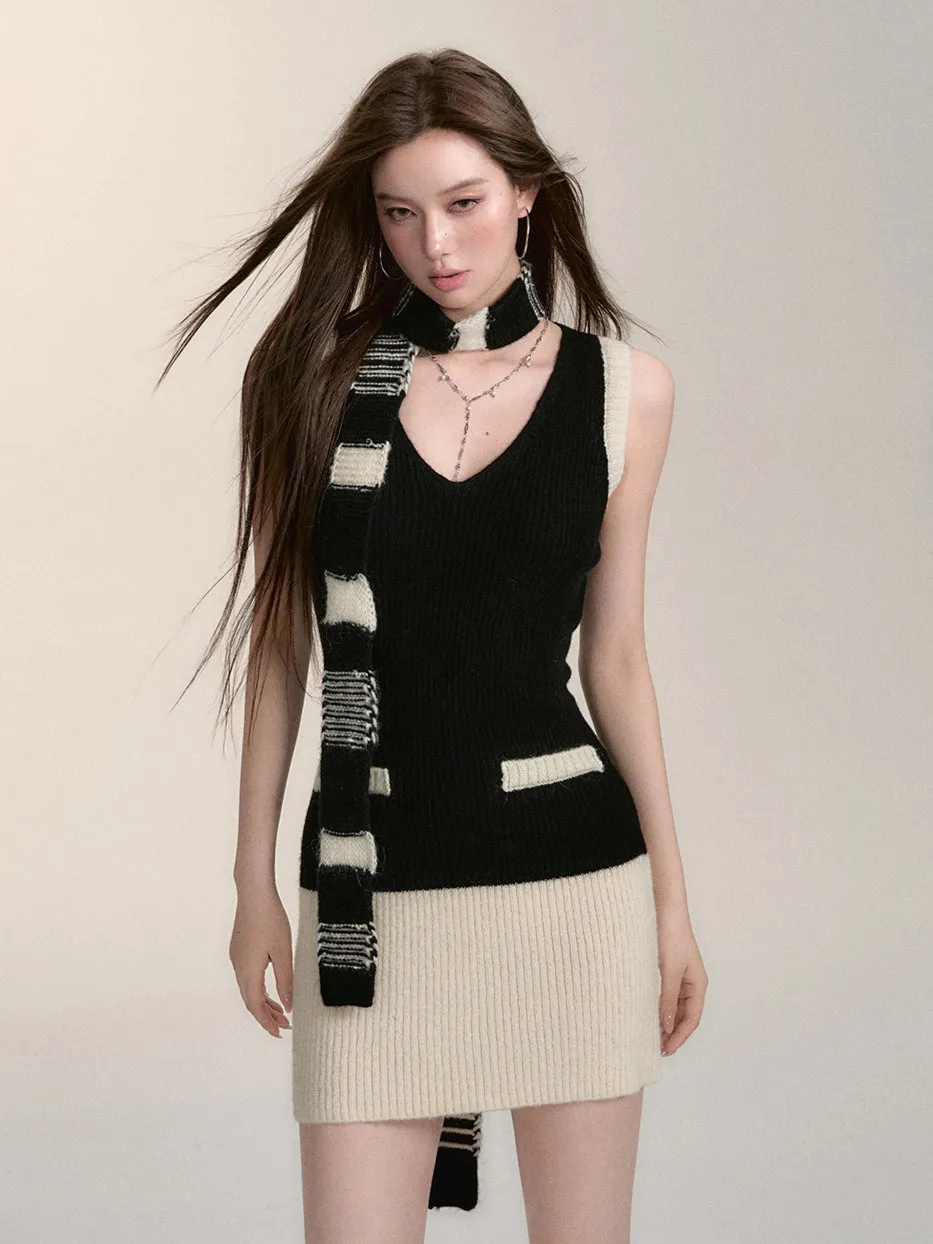 Color-block Knit Cardigan Dress & Scarf Set