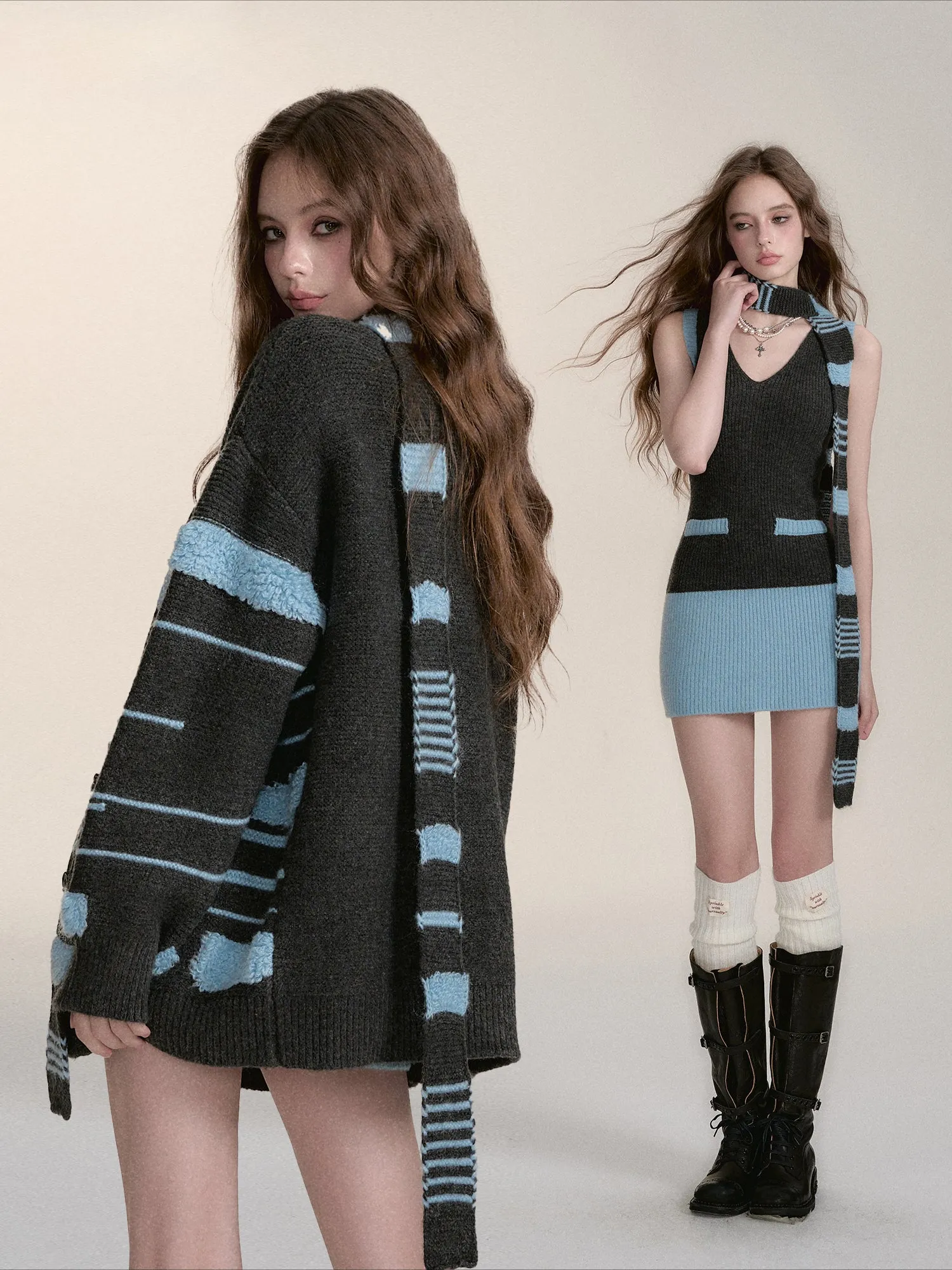 Color-block Knit Cardigan Dress & Scarf Set