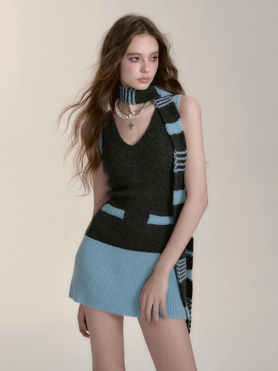 Color-block Knit Cardigan Dress & Scarf Set