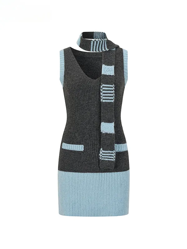 Color-block Knit Cardigan Dress & Scarf Set