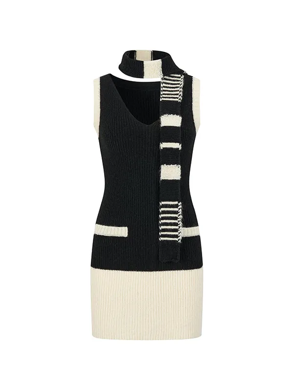 Color-block Knit Cardigan Dress & Scarf Set