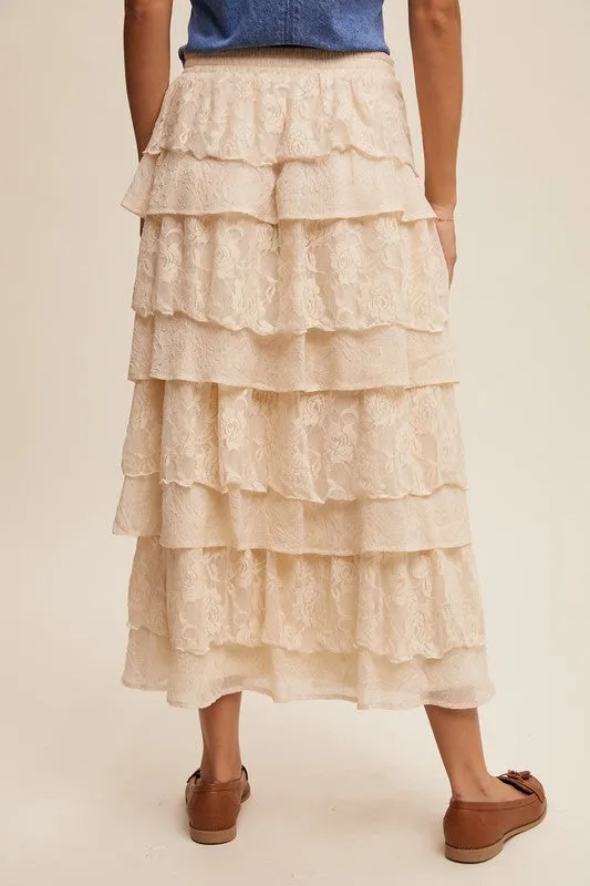 Cream Lace And Rose Jacquard Ruffle Tiered Maxi Skirt